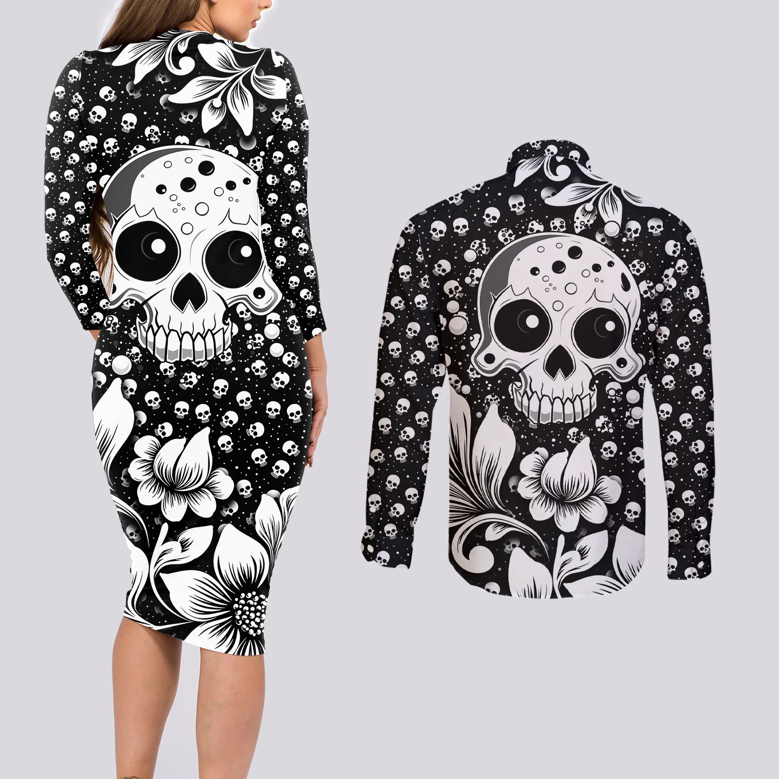 skull-couples-matching-long-sleeve-bodycon-dress-and-long-sleeve-button-shirts-cute-skull-fun-and-floral