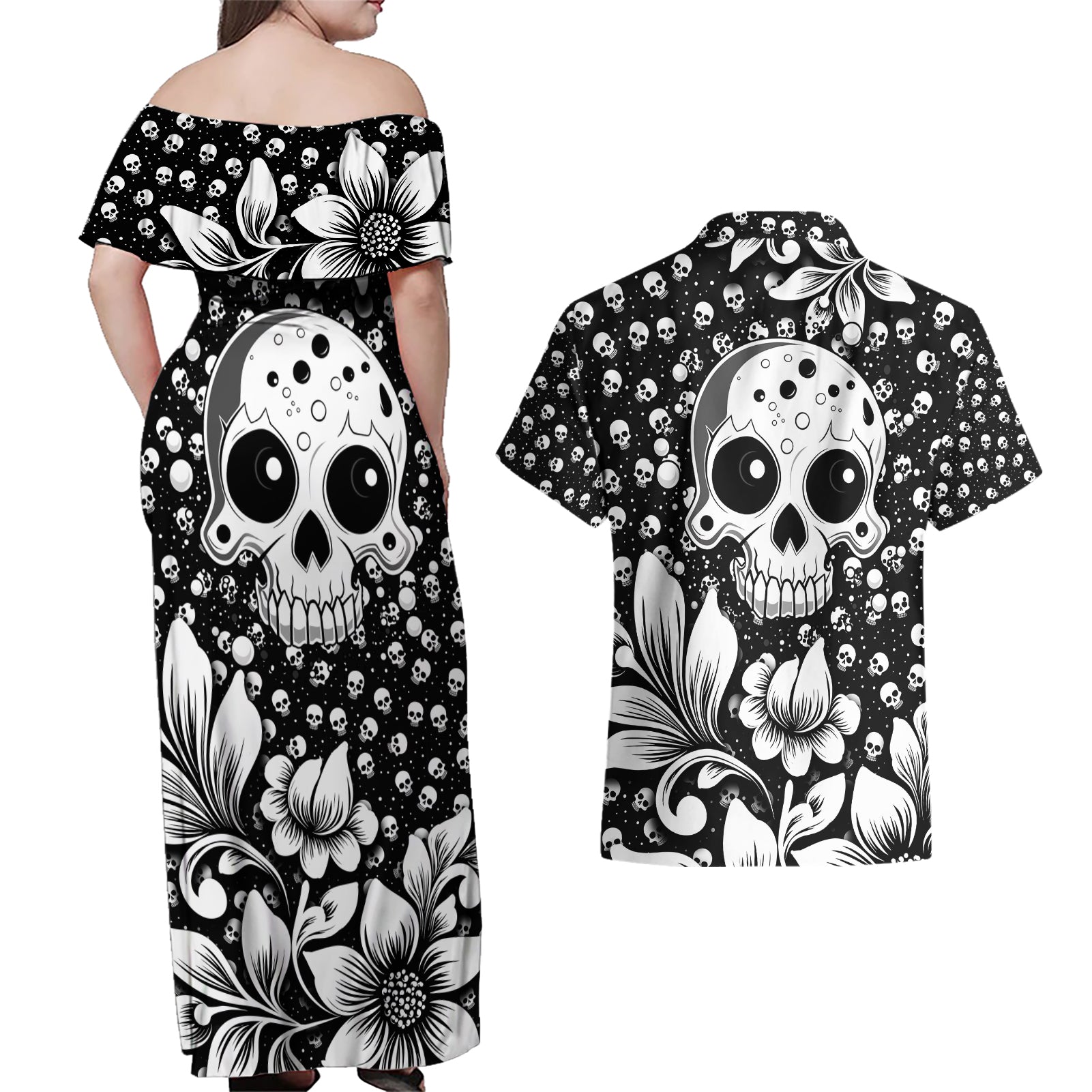 skull-couples-matching-off-shoulder-maxi-dress-and-hawaiian-shirt-cute-skull-fun-and-floral