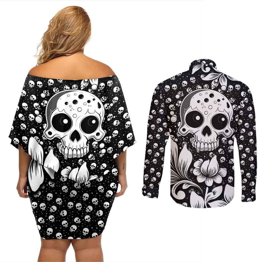 skull-couples-matching-off-shoulder-short-dress-and-long-sleeve-button-shirts-cute-skull-fun-and-floral