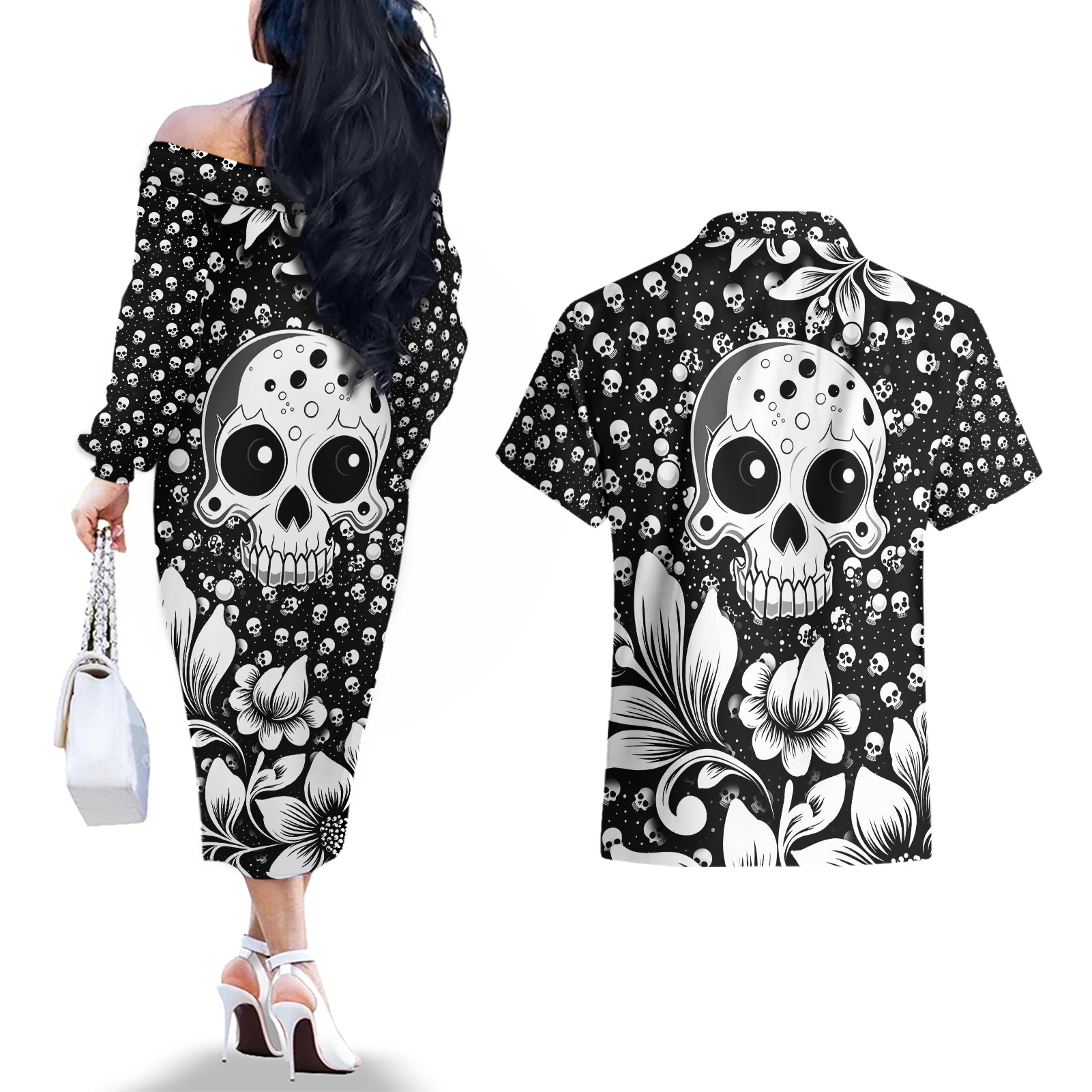 skull-couples-matching-off-the-shoulder-long-sleeve-dress-and-hawaiian-shirt-cute-skull-fun-and-floral