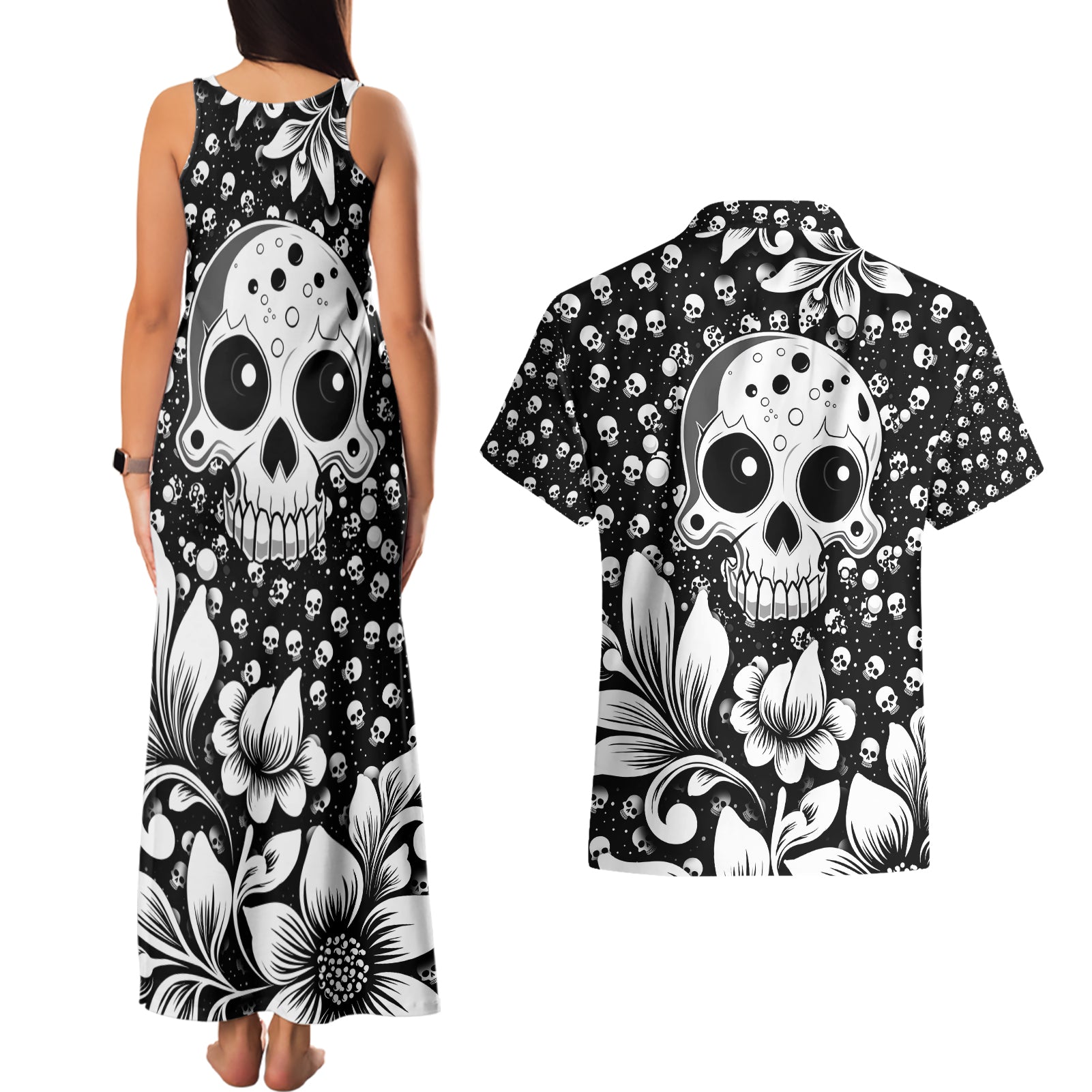 skull-couples-matching-tank-maxi-dress-and-hawaiian-shirt-cute-skull-fun-and-floral