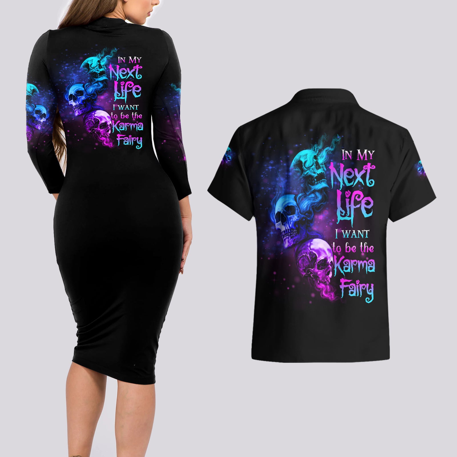 karma-fairy-three-skulls-couples-matching-long-sleeve-bodycon-dress-and-hawaiian-shirt