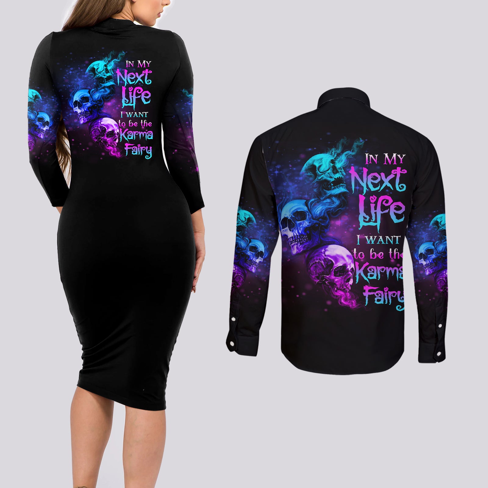 karma-fairy-three-skulls-couples-matching-long-sleeve-bodycon-dress-and-long-sleeve-button-shirt