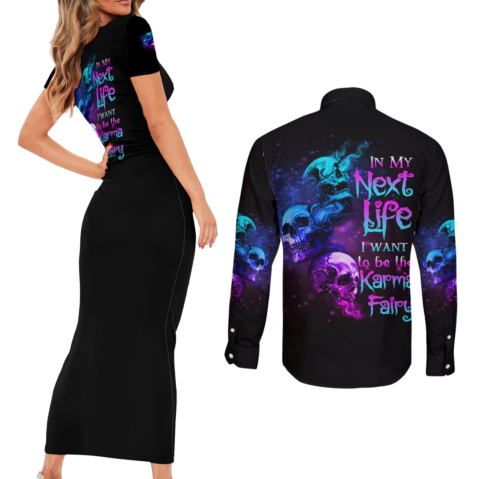 karma-fairy-three-skulls-couples-matching-short-sleeve-bodycon-dress-and-long-sleeve-button-shirt