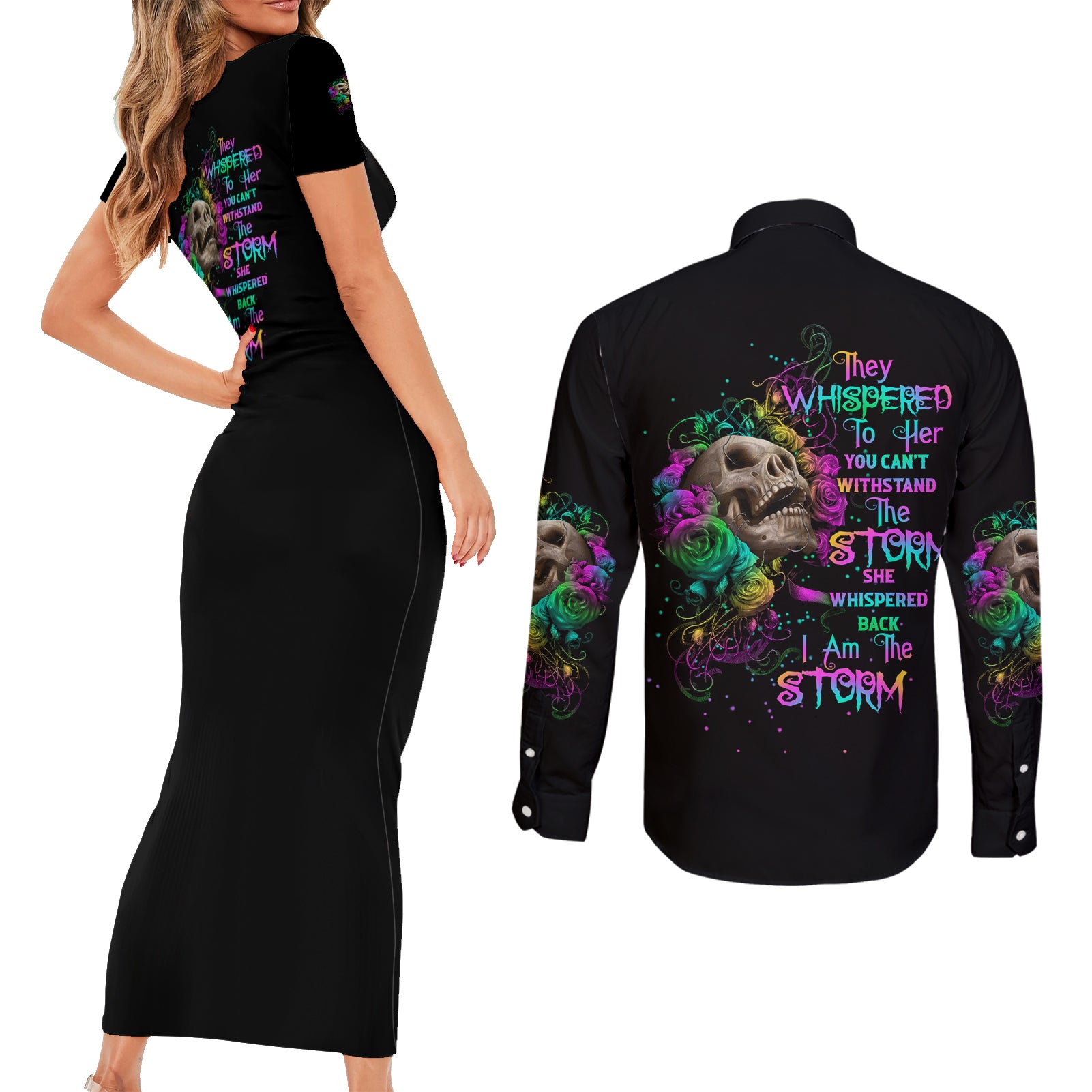 i-am-the-storm-tie-dye-rose-skull-couples-matching-short-sleeve-bodycon-dress-and-long-sleeve-button-shirt