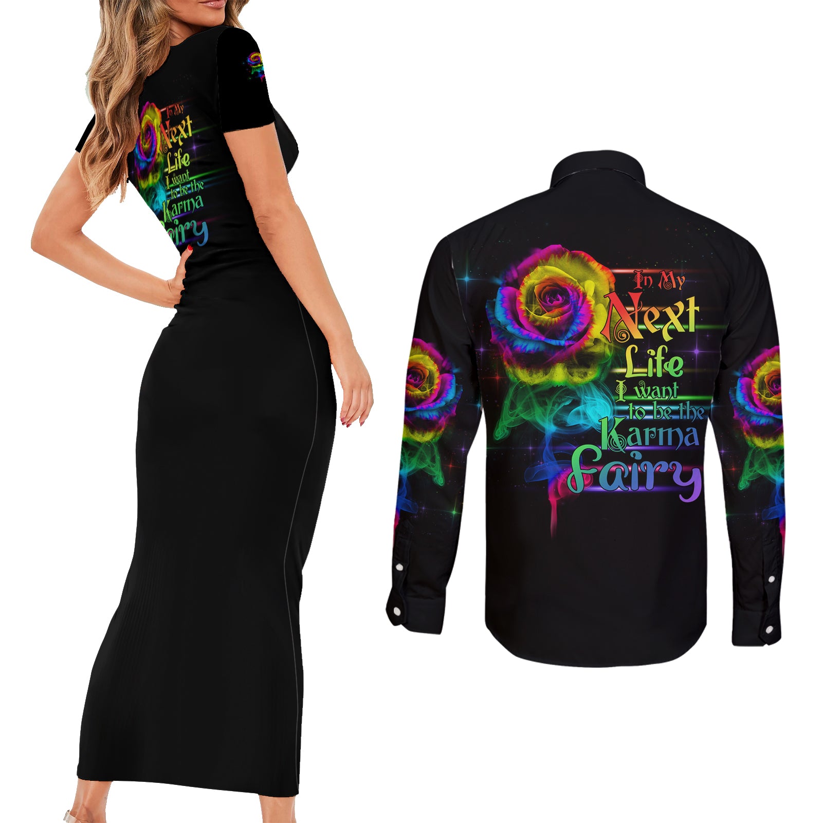 karma-fairy-rose-smoke-skull-couples-matching-short-sleeve-bodycon-dress-and-long-sleeve-button-shirt