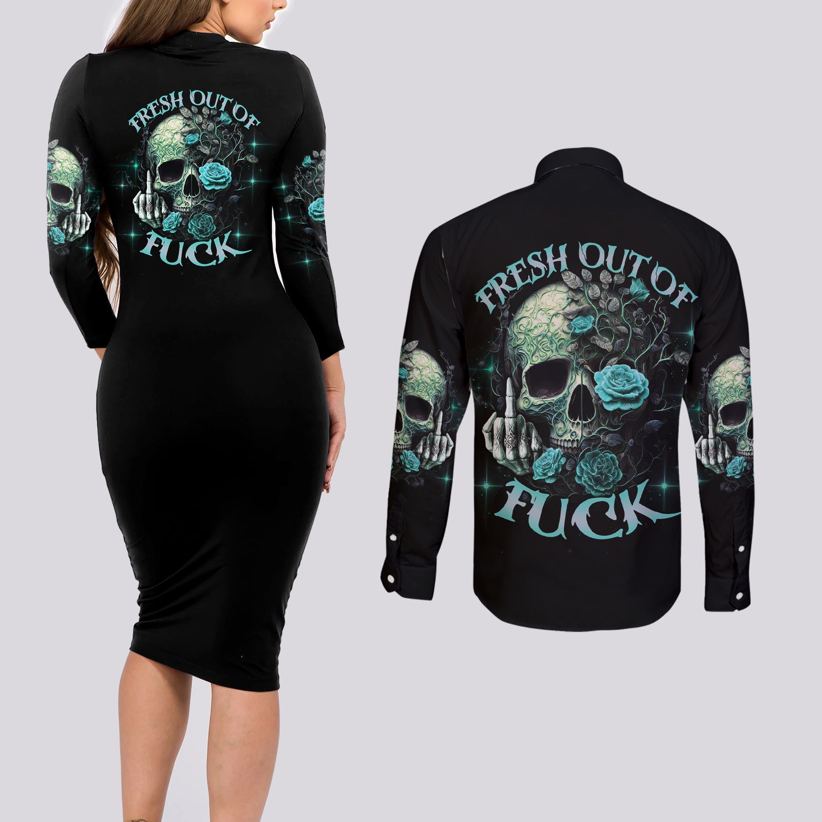 fresh-out-of-f-skull-rose-couples-matching-long-sleeve-bodycon-dress-and-long-sleeve-button-shirt