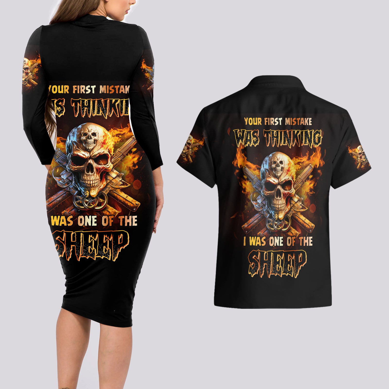 your-first-mistake-fire-skull-couples-matching-long-sleeve-bodycon-dress-and-hawaiian-shirt