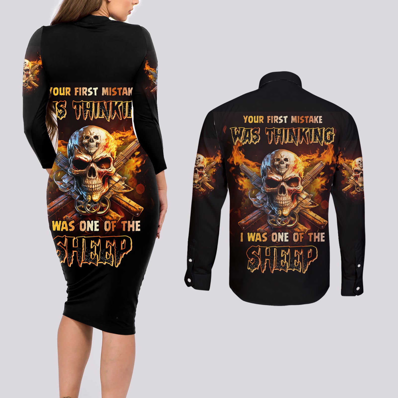 your-first-mistake-fire-skull-couples-matching-long-sleeve-bodycon-dress-and-long-sleeve-button-shirt