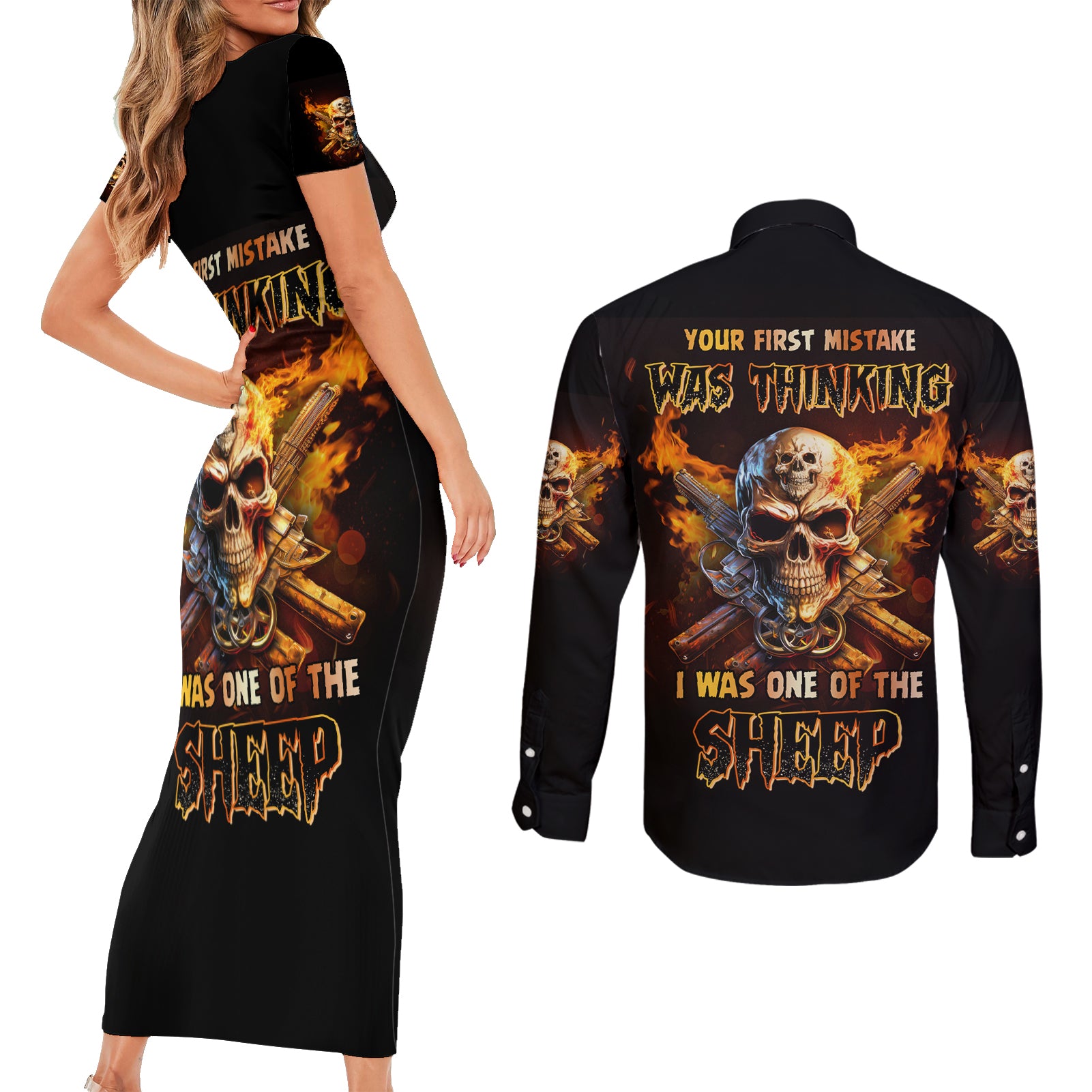 your-first-mistake-fire-skull-couples-matching-short-sleeve-bodycon-dress-and-long-sleeve-button-shirt