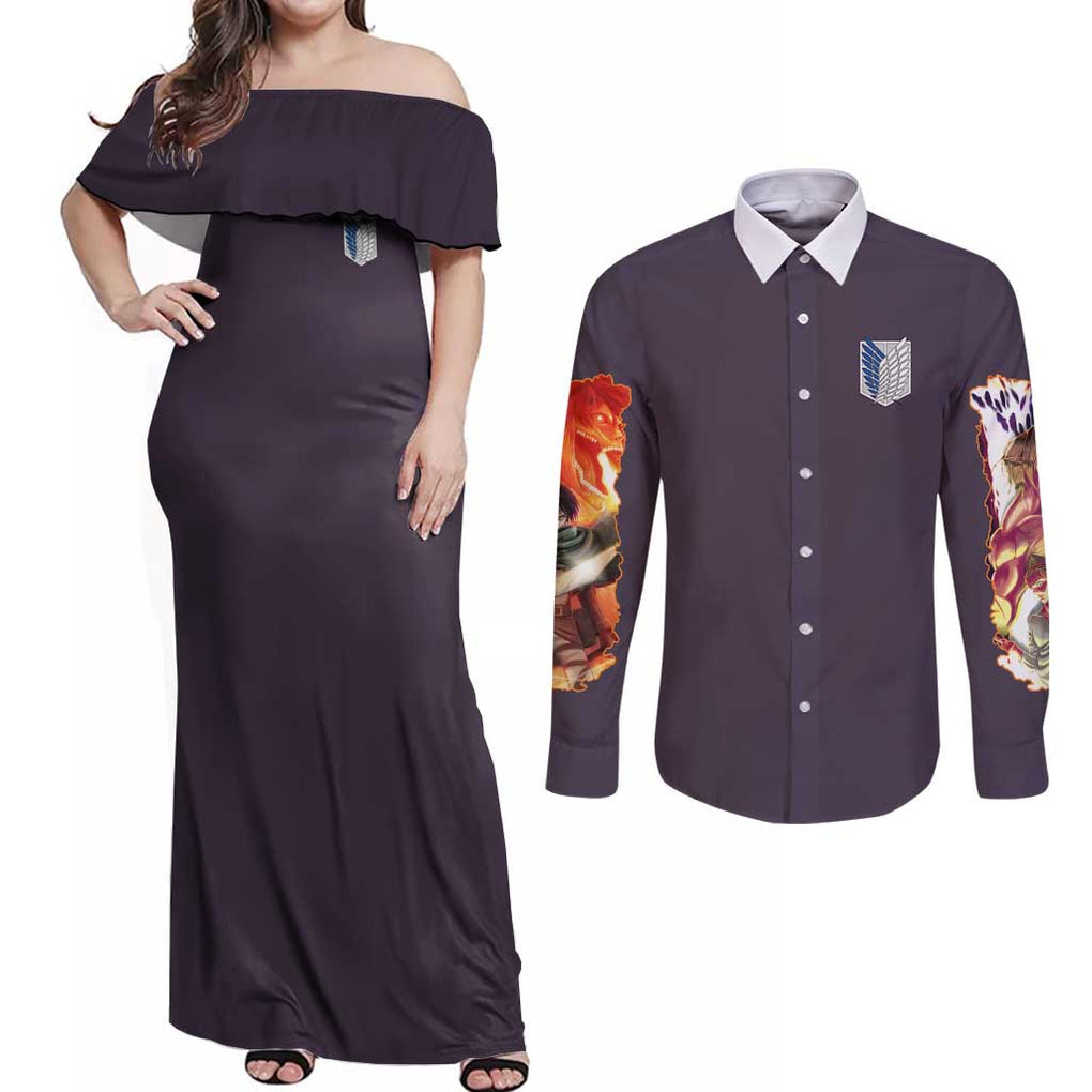 Eren Yeager Story Attack on Titan Couples Matching Off Shoulder Maxi Dress and Long Sleeve Button Shirt Japan Anime Style