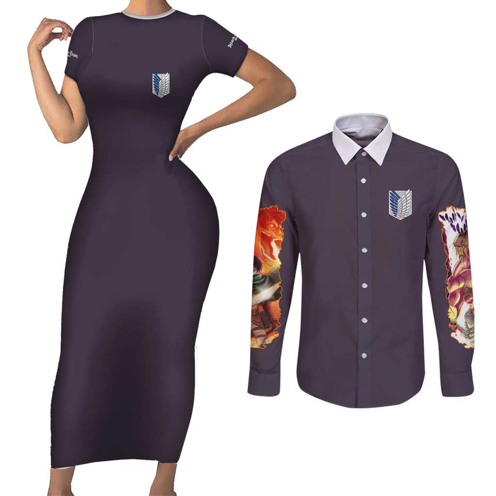 Eren Yeager Story Attack on Titan Couples Matching Short Sleeve Bodycon Dress and Long Sleeve Button Shirt Japan Anime Style