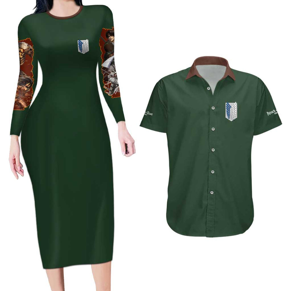 Return to Shiganshina Attack on Titan Couples Matching Long Sleeve Bodycon Dress and Hawaiian Shirt Japan Anime Style