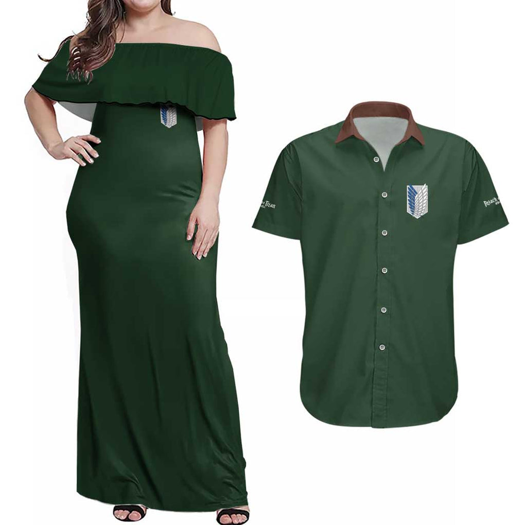 Return to Shiganshina Attack on Titan Couples Matching Off Shoulder Maxi Dress and Hawaiian Shirt Japan Anime Style