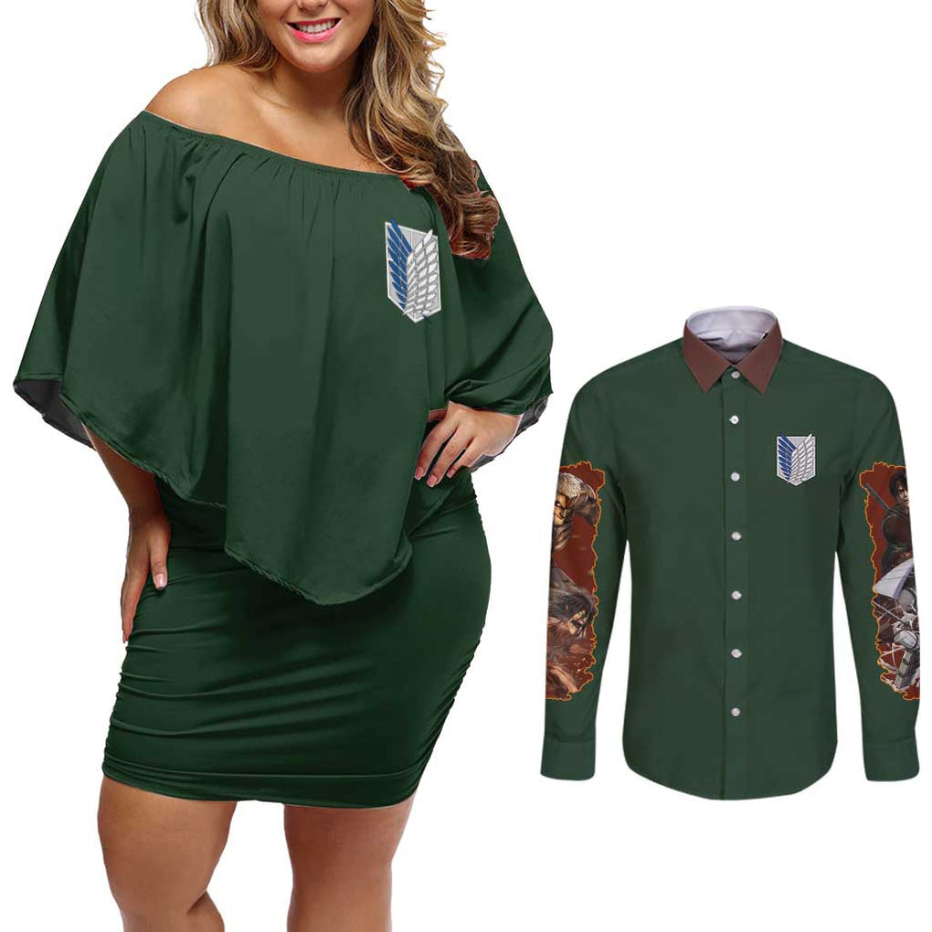 Return to Shiganshina Attack on Titan Couples Matching Off Shoulder Short Dress and Long Sleeve Button Shirt Japan Anime Style