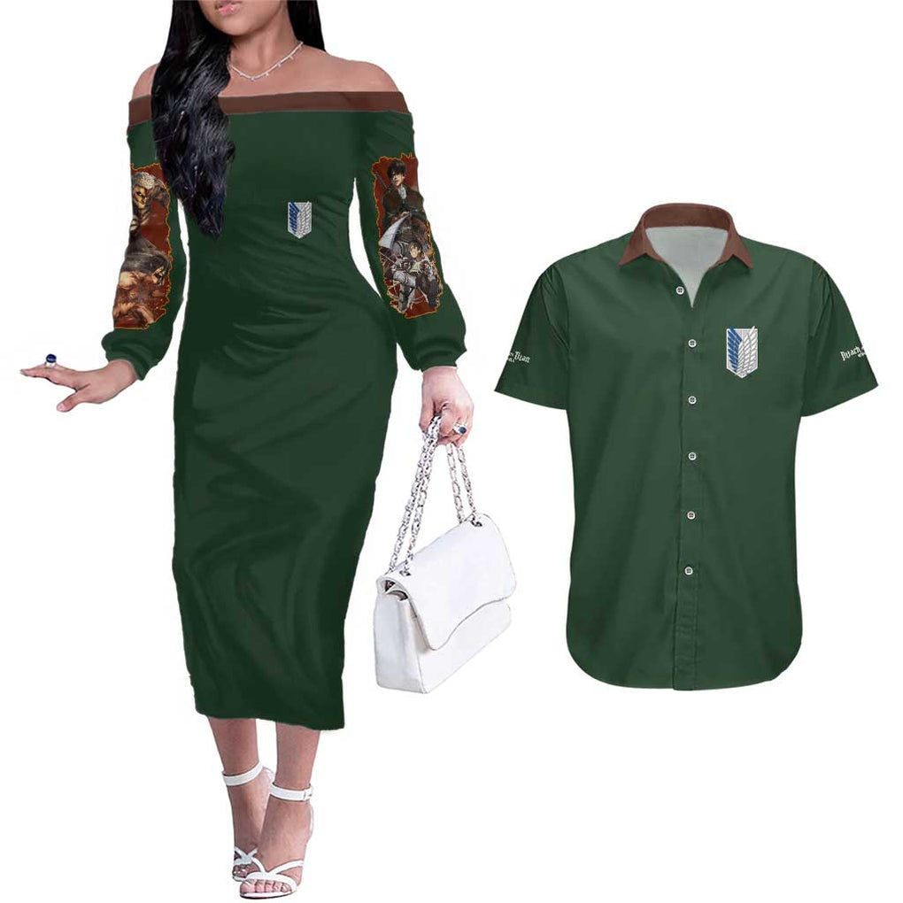 Return to Shiganshina Attack on Titan Couples Matching Off The Shoulder Long Sleeve Dress and Hawaiian Shirt Japan Anime Style