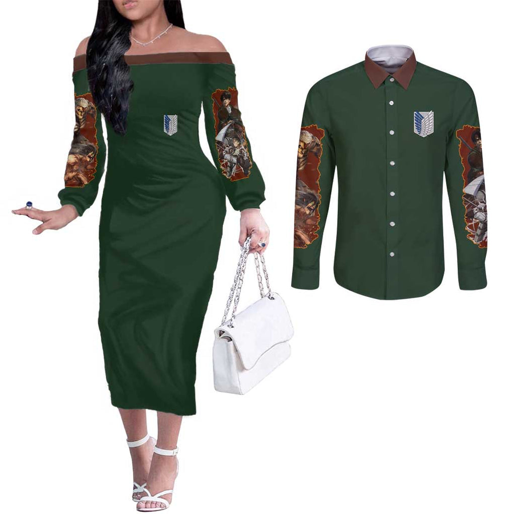 Return to Shiganshina Attack on Titan Couples Matching Off The Shoulder Long Sleeve Dress and Long Sleeve Button Shirt Japan Anime Style