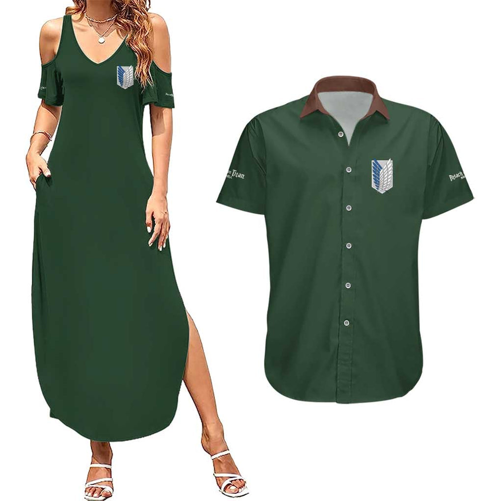 Return to Shiganshina Attack on Titan Couples Matching Summer Maxi Dress and Hawaiian Shirt Japan Anime Style