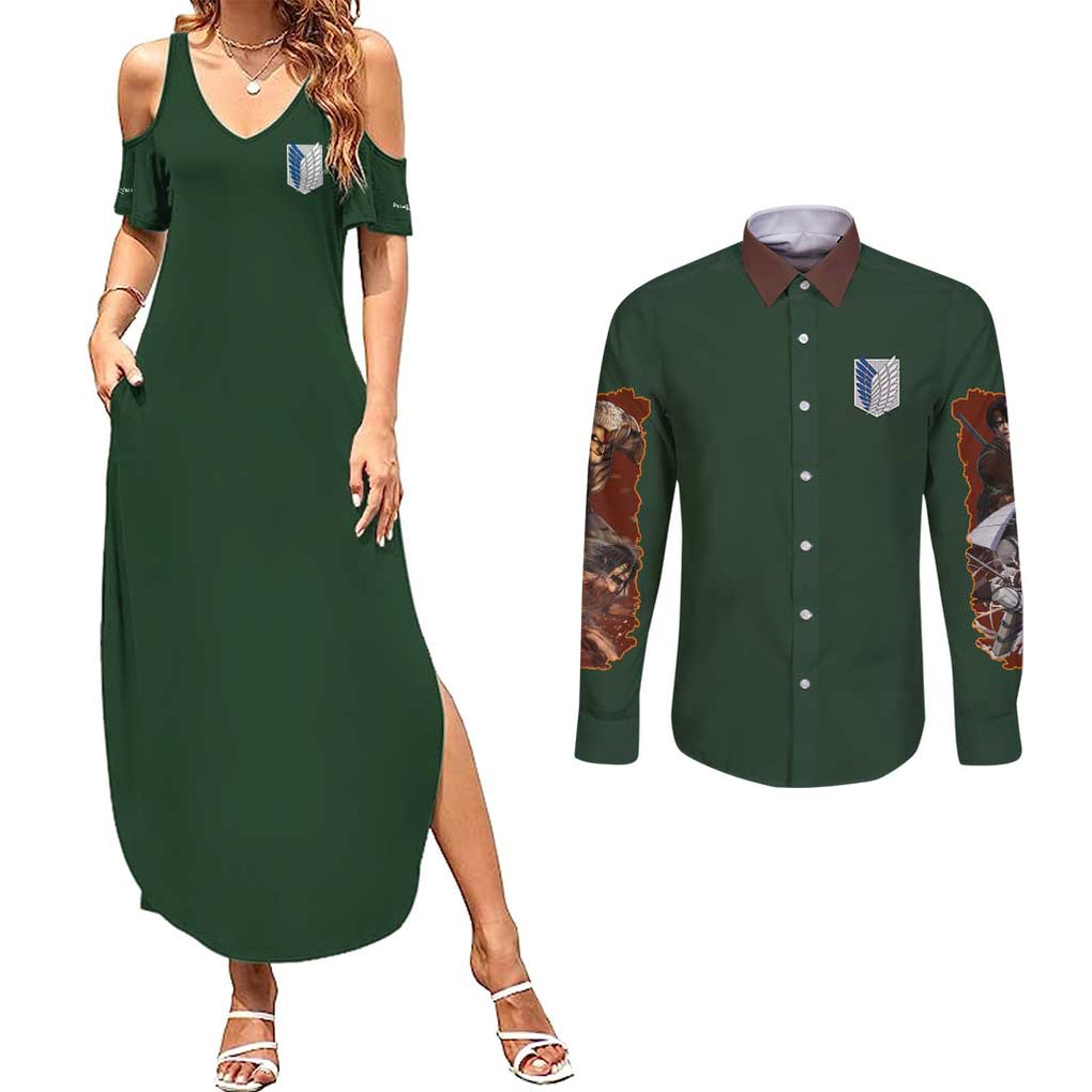 Return to Shiganshina Attack on Titan Couples Matching Summer Maxi Dress and Long Sleeve Button Shirt Japan Anime Style