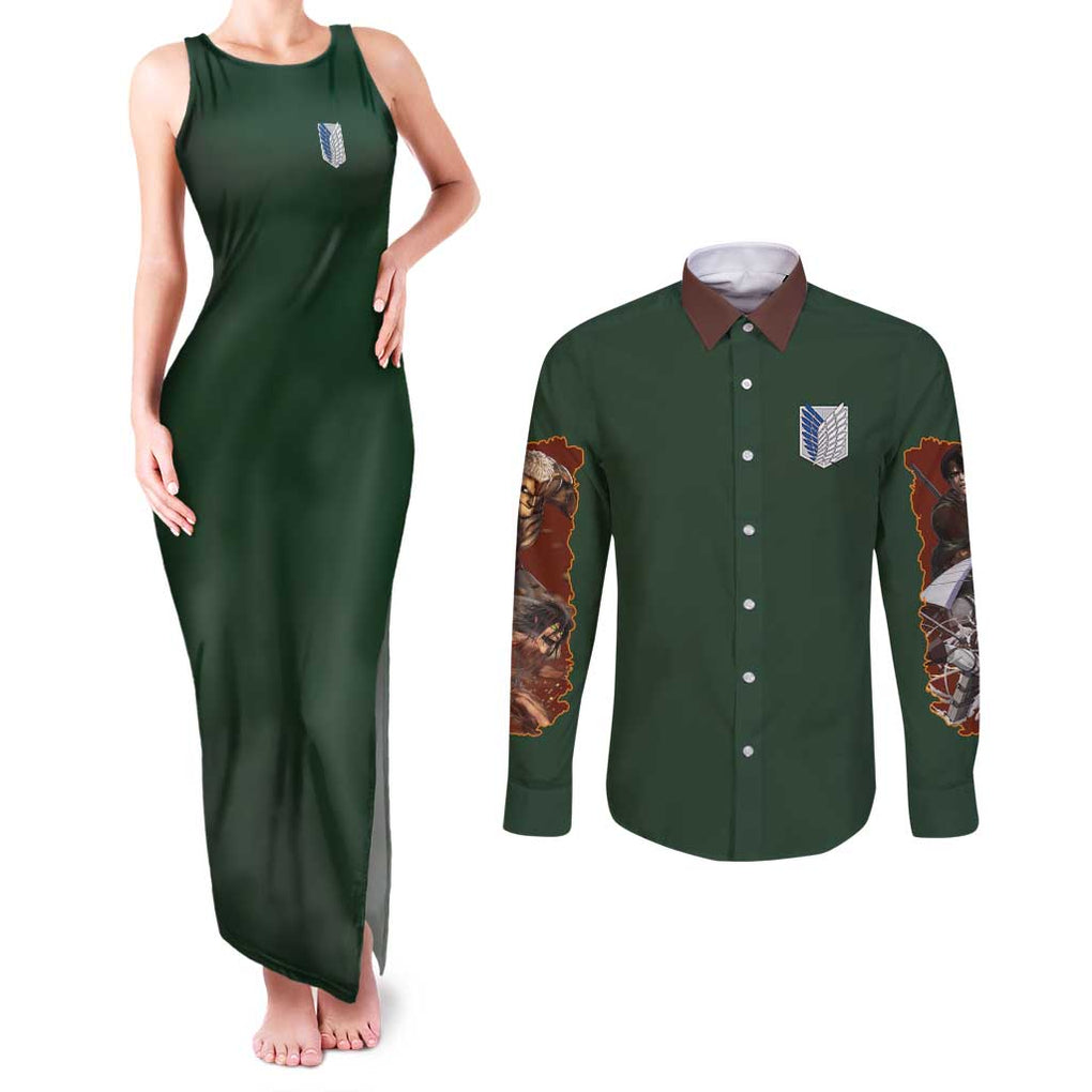 Return to Shiganshina Attack on Titan Couples Matching Tank Maxi Dress and Long Sleeve Button Shirt Japan Anime Style