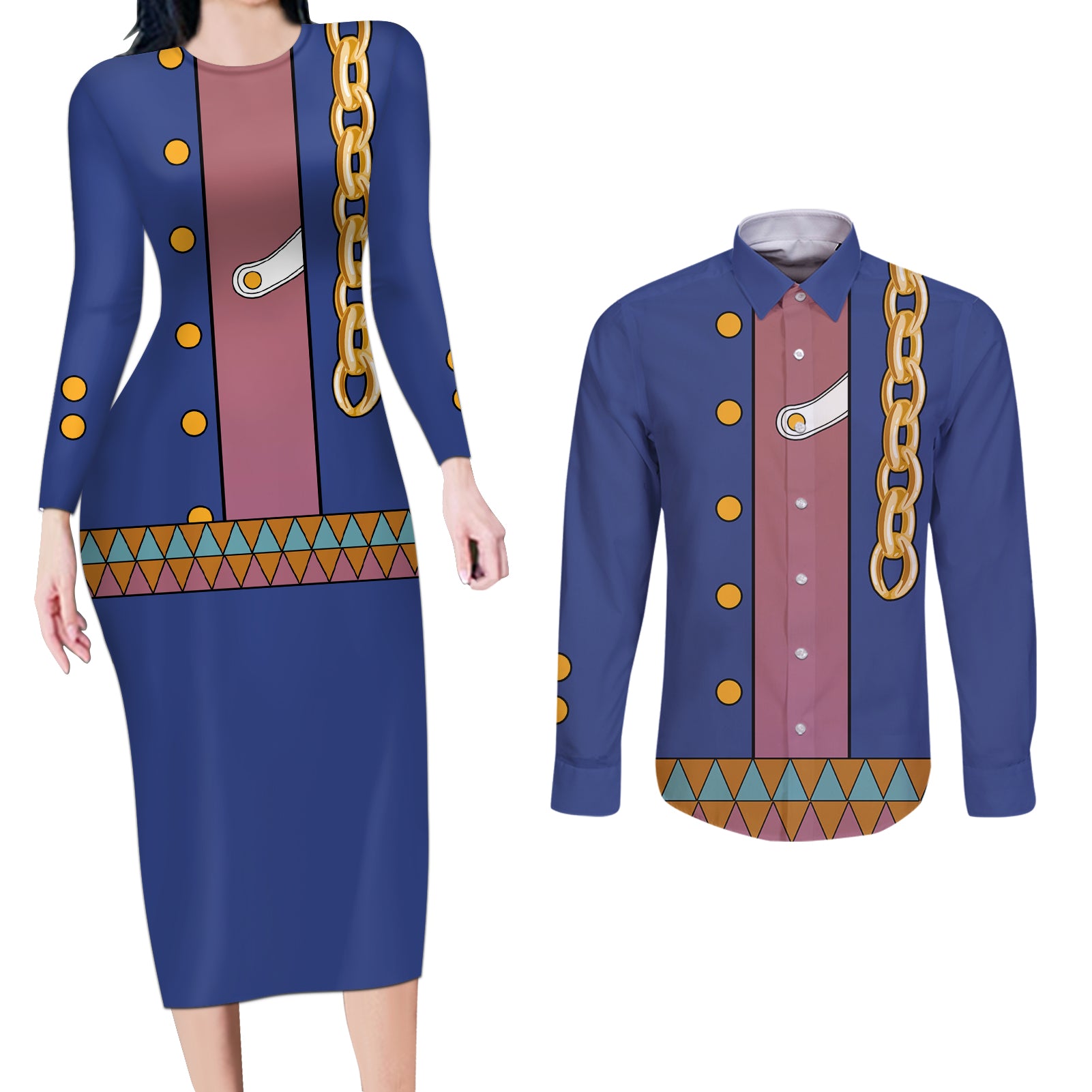 Jotaro Kujo - JJBA Anime Couples Matching Long Sleeve Bodycon Dress and Long Sleeve Button Shirt