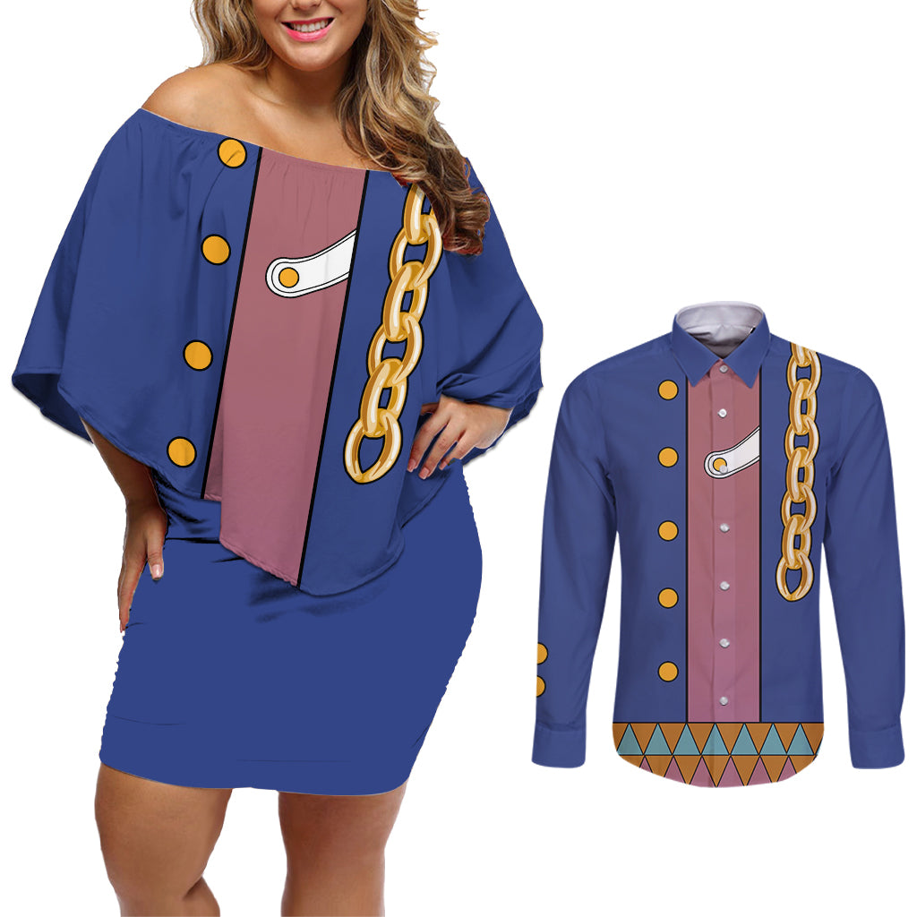 Jotaro Kujo - JJBA Anime Couples Matching Off Shoulder Short Dress and Long Sleeve Button Shirt