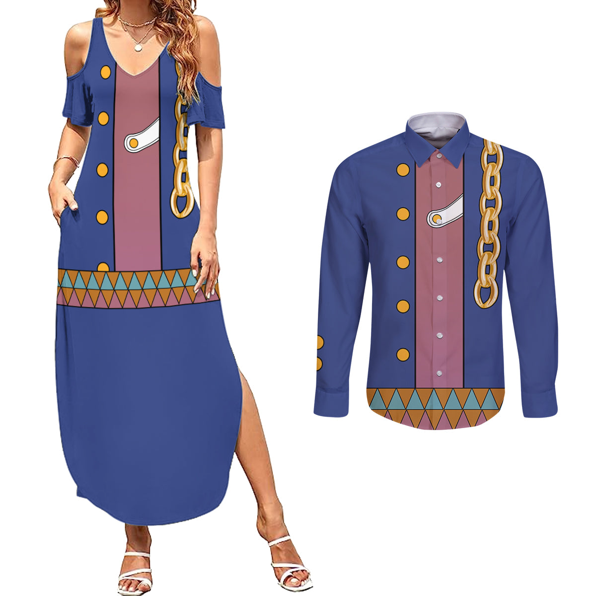 Jotaro Kujo - JJBA Anime Couples Matching Summer Maxi Dress and Long Sleeve Button Shirt