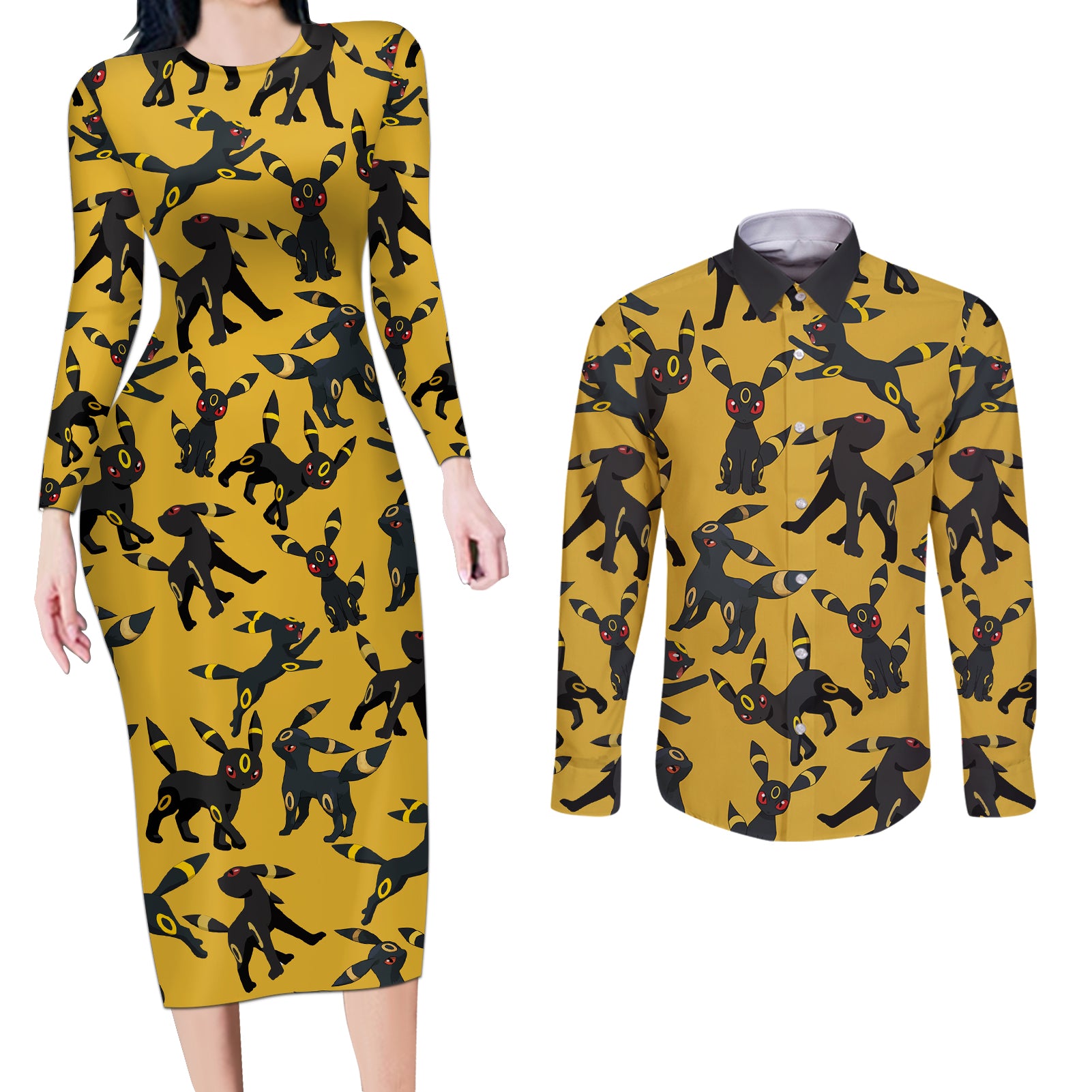 Umbreon Pattern Style Couples Matching Long Sleeve Bodycon Dress and Long Sleeve Button Shirt