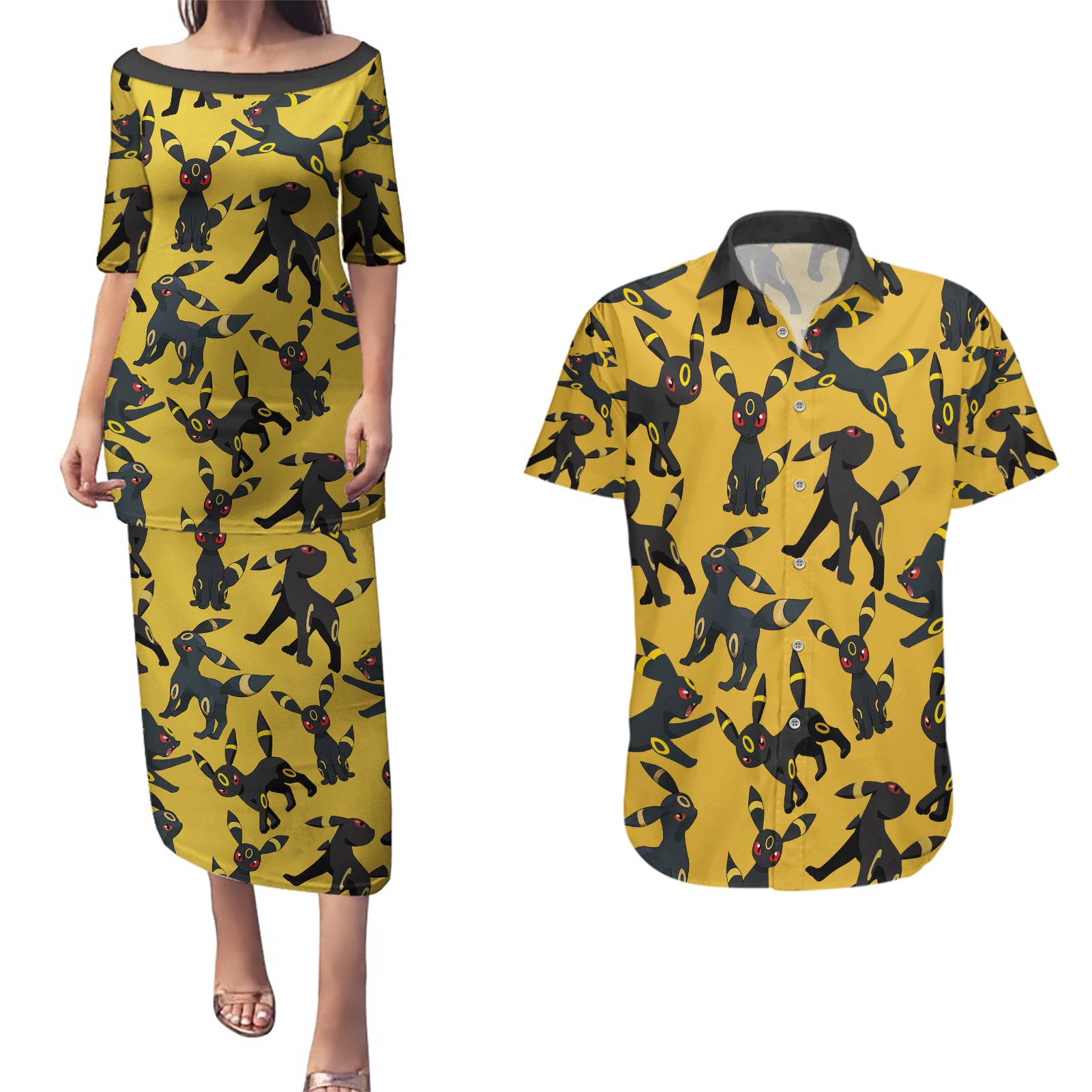 Umbreon Pattern Style Couples Matching Puletasi and Hawaiian Shirt