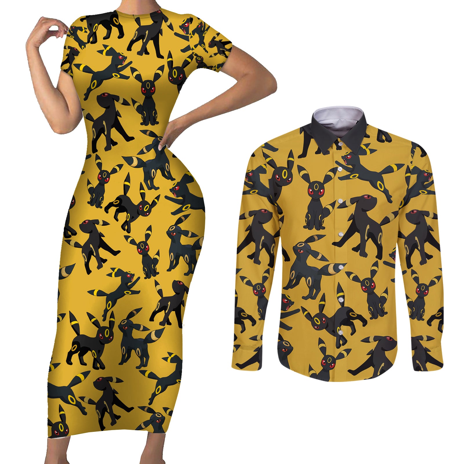 Umbreon Pattern Style Couples Matching Short Sleeve Bodycon Dress and Long Sleeve Button Shirt