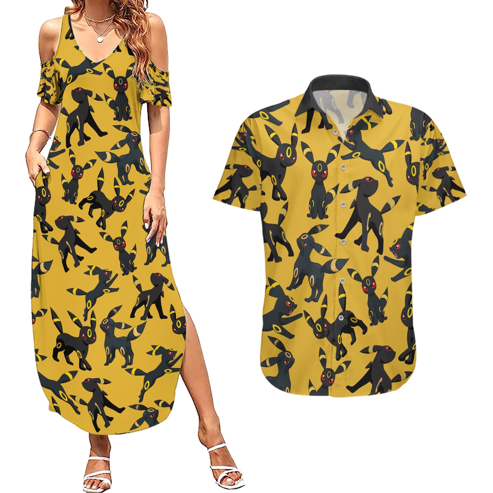 Umbreon Pattern Style Couples Matching Summer Maxi Dress and Hawaiian Shirt