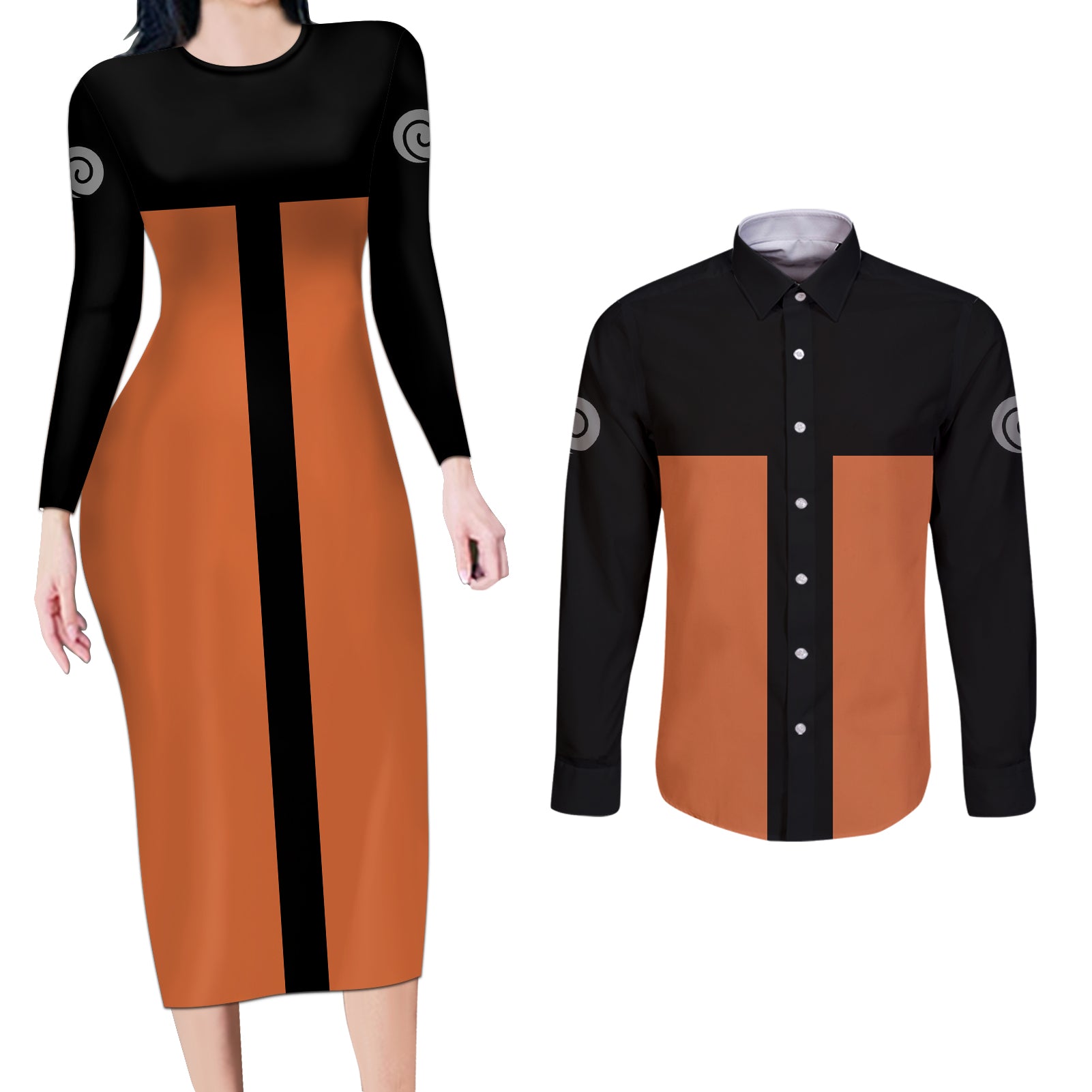 Uzumaki - Naruto Anime Couples Matching Long Sleeve Bodycon Dress and Long Sleeve Button Shirt