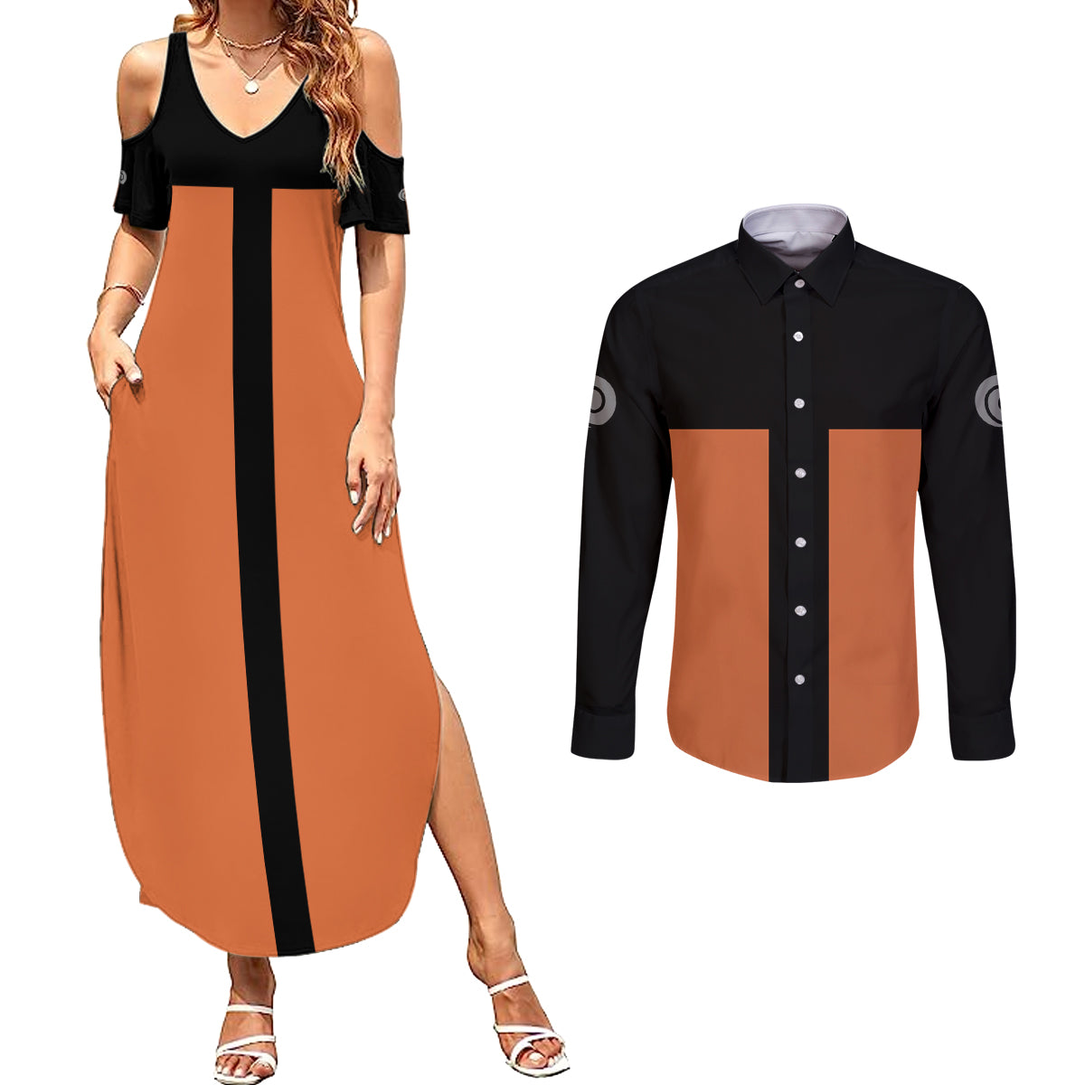 Uzumaki - Naruto Anime Couples Matching Summer Maxi Dress and Long Sleeve Button Shirt