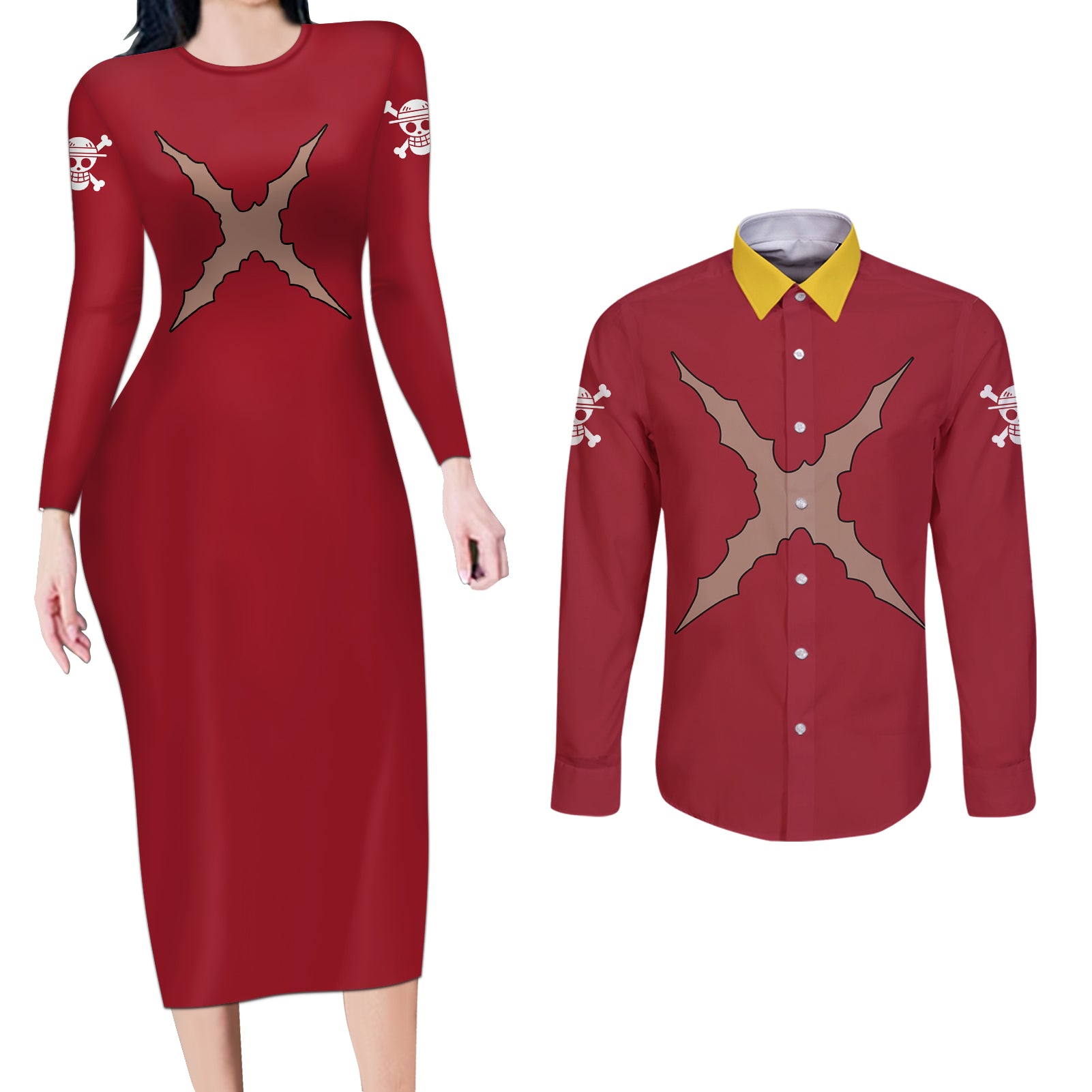 Monkey D. Luffy - One Piece Couples Matching Long Sleeve Bodycon Dress and Long Sleeve Button Shirt