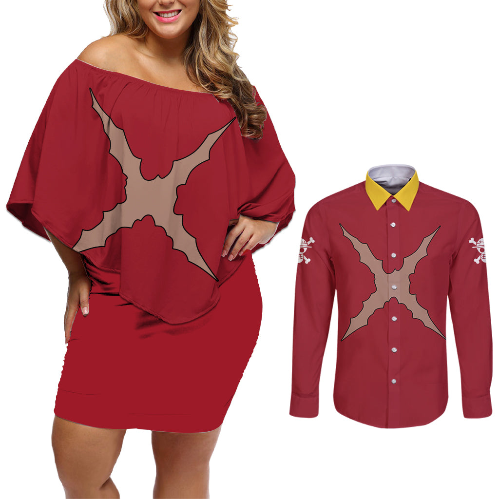 Monkey D. Luffy - One Piece Couples Matching Off Shoulder Short Dress and Long Sleeve Button Shirt