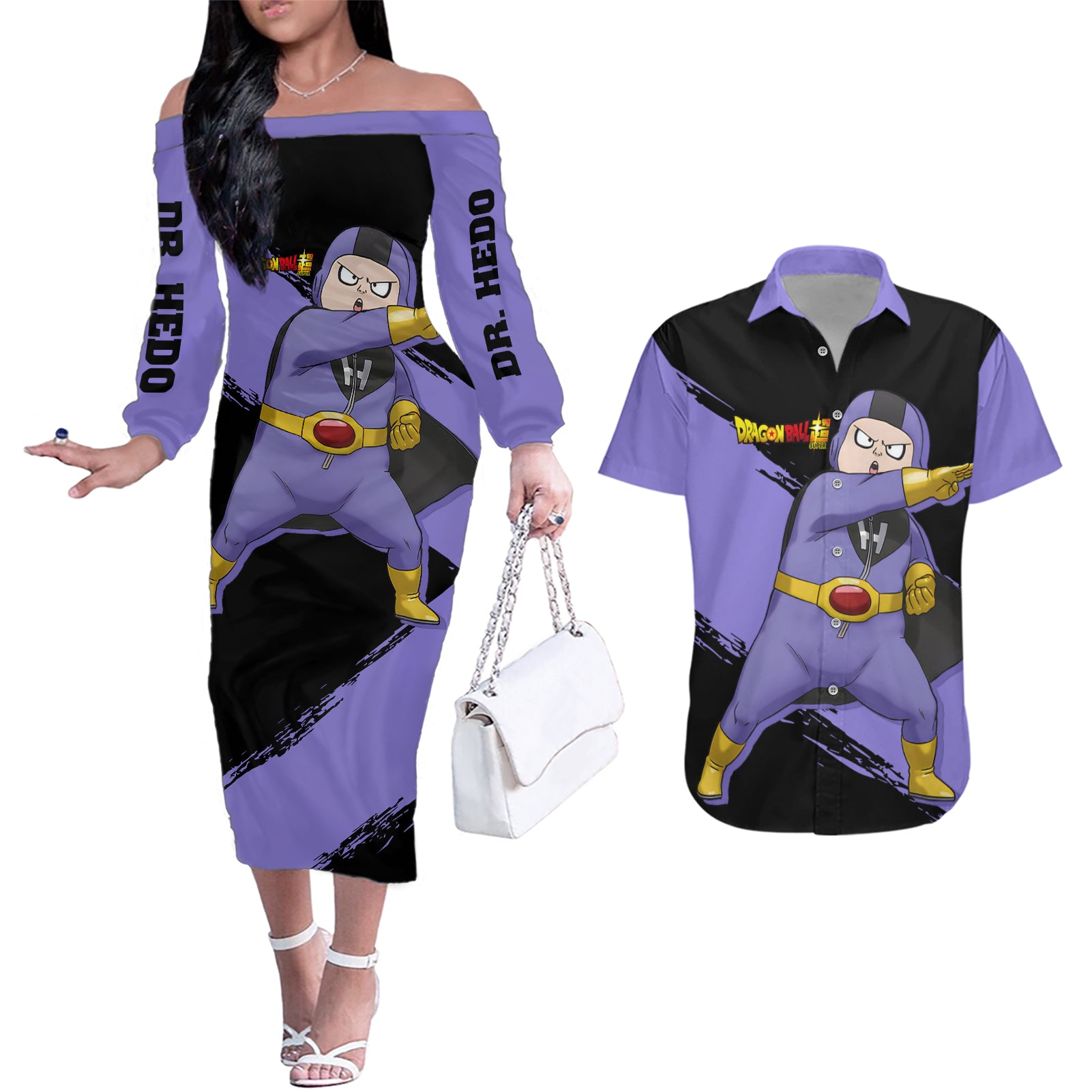 Dr. Hedo - Super - Dragon Ball Couples Matching Off The Shoulder Long Sleeve Dress and Hawaiian Shirt