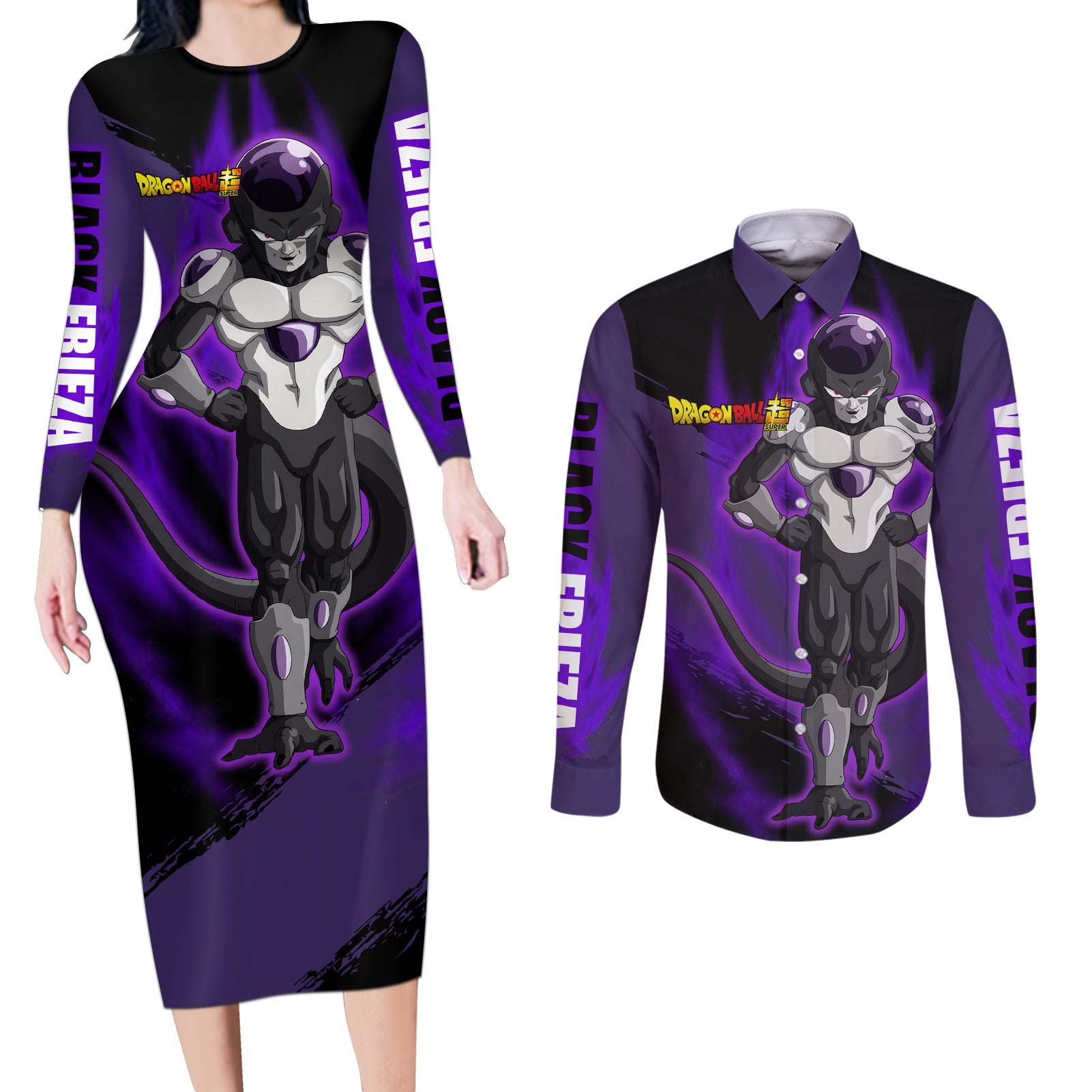 Black Frieza - Dragon Ball Super Couples Matching Long Sleeve Bodycon Dress and Long Sleeve Button Shirt