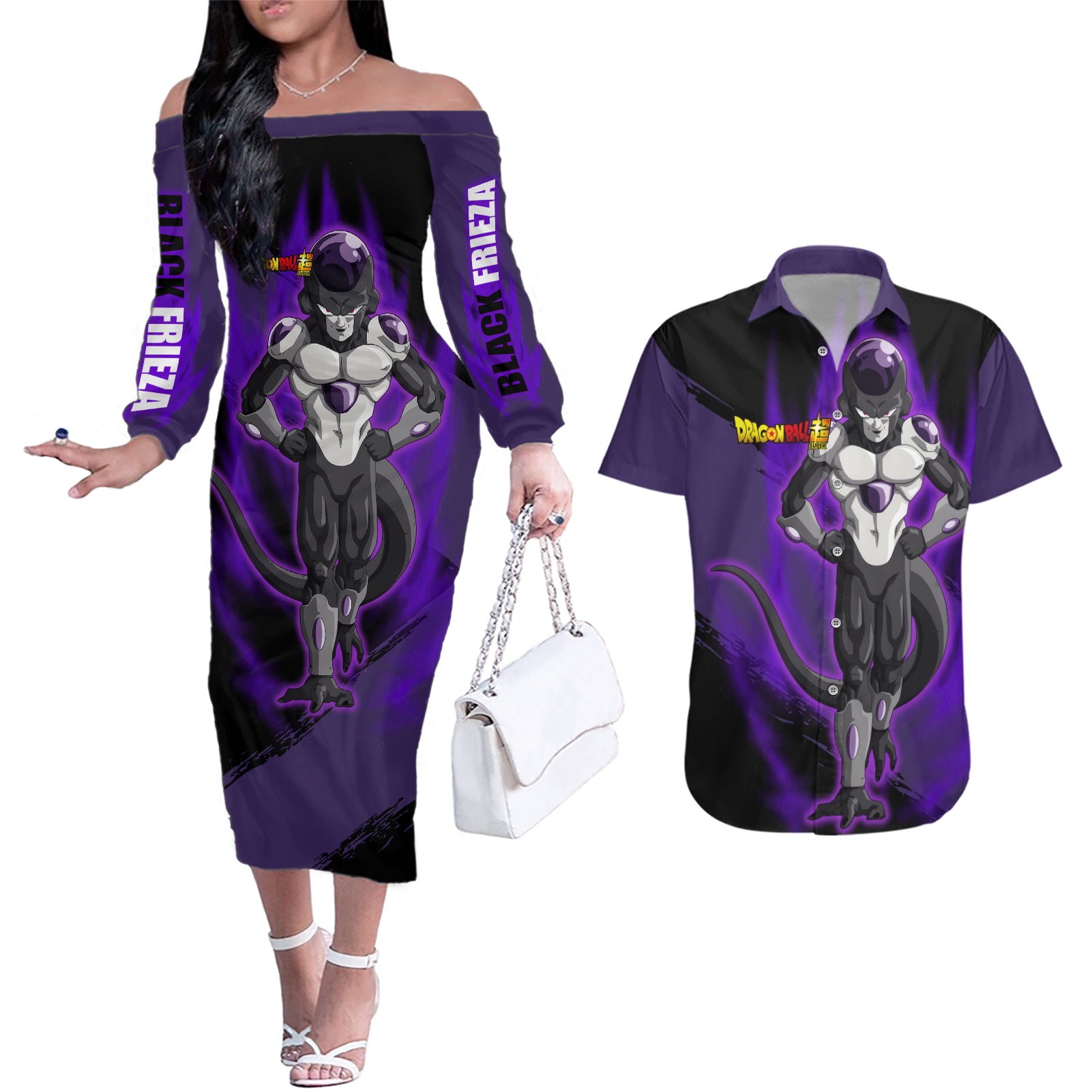 Black Frieza - Dragon Ball Super Couples Matching Off The Shoulder Long Sleeve Dress and Hawaiian Shirt