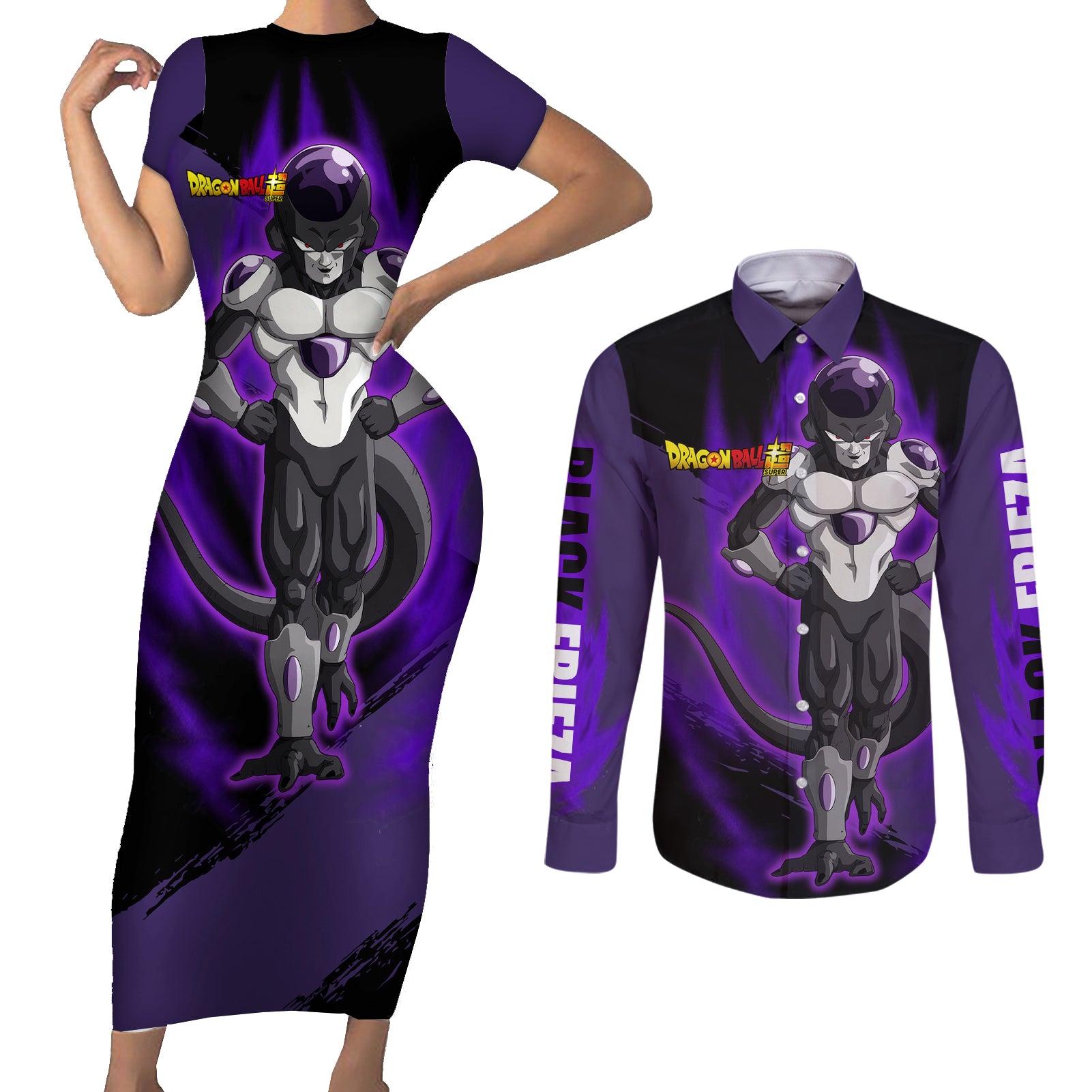 Black Frieza - Dragon Ball Super Couples Matching Short Sleeve Bodycon Dress and Long Sleeve Button Shirt