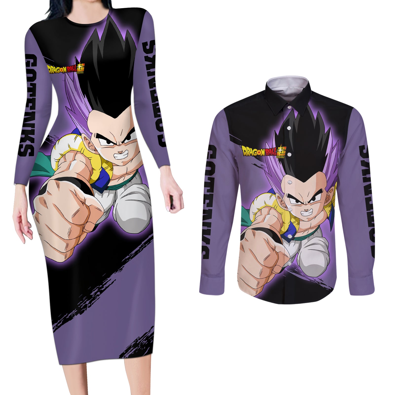 Gotenks - Dragon Ball Couples Matching Long Sleeve Bodycon Dress and Long Sleeve Button Shirt