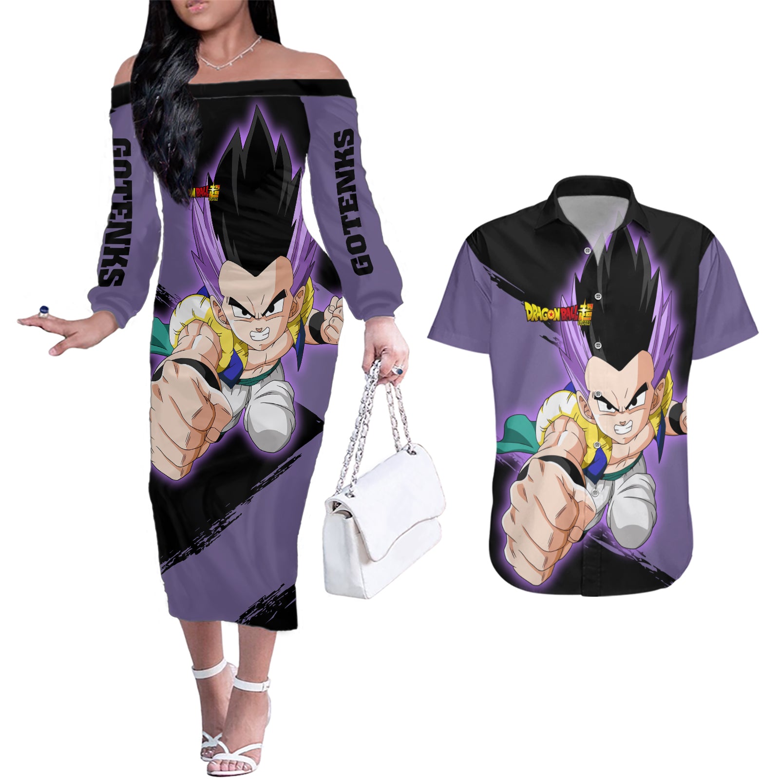 Gotenks - Dragon Ball Couples Matching Off The Shoulder Long Sleeve Dress and Hawaiian Shirt