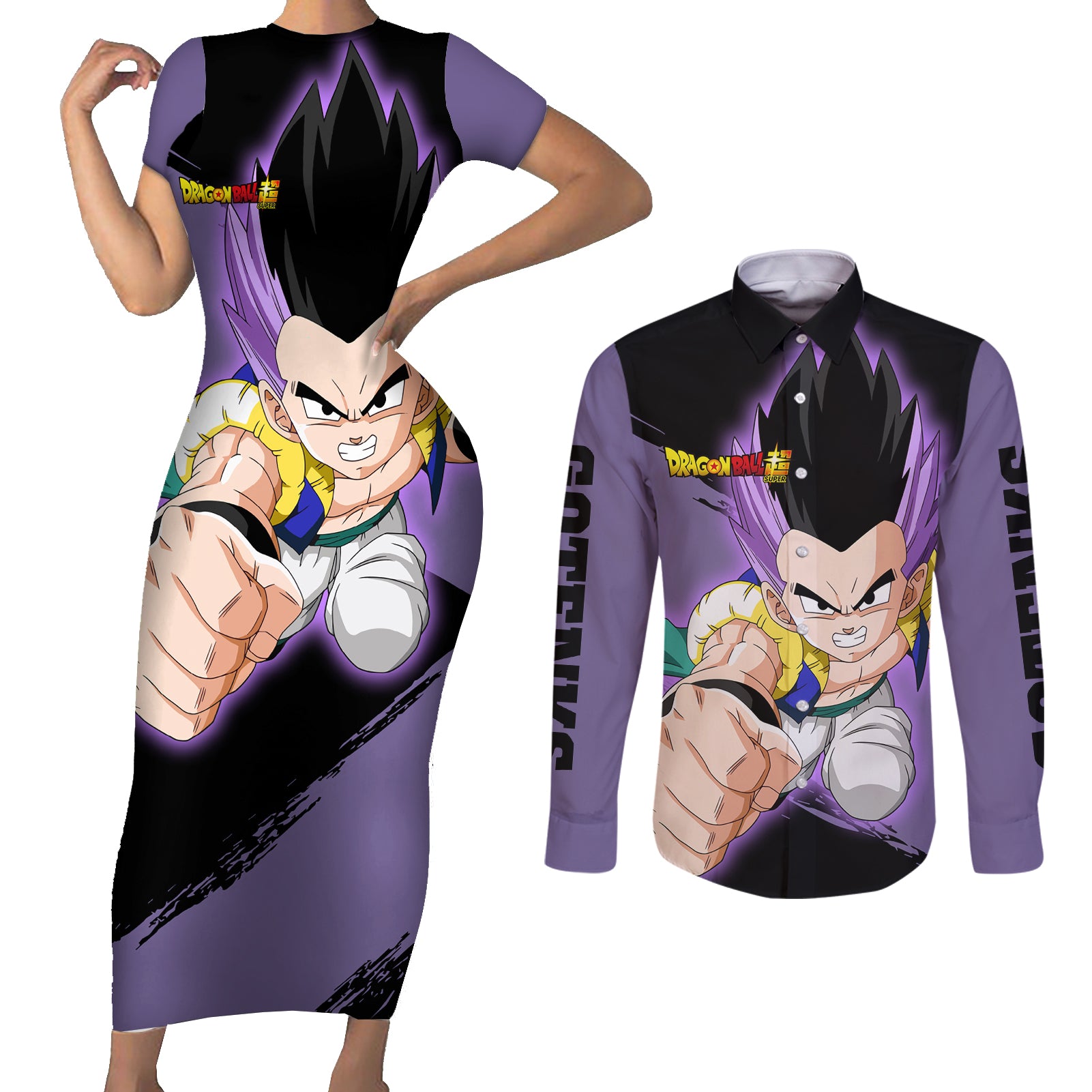 Gotenks - Dragon Ball Couples Matching Short Sleeve Bodycon Dress and Long Sleeve Button Shirt