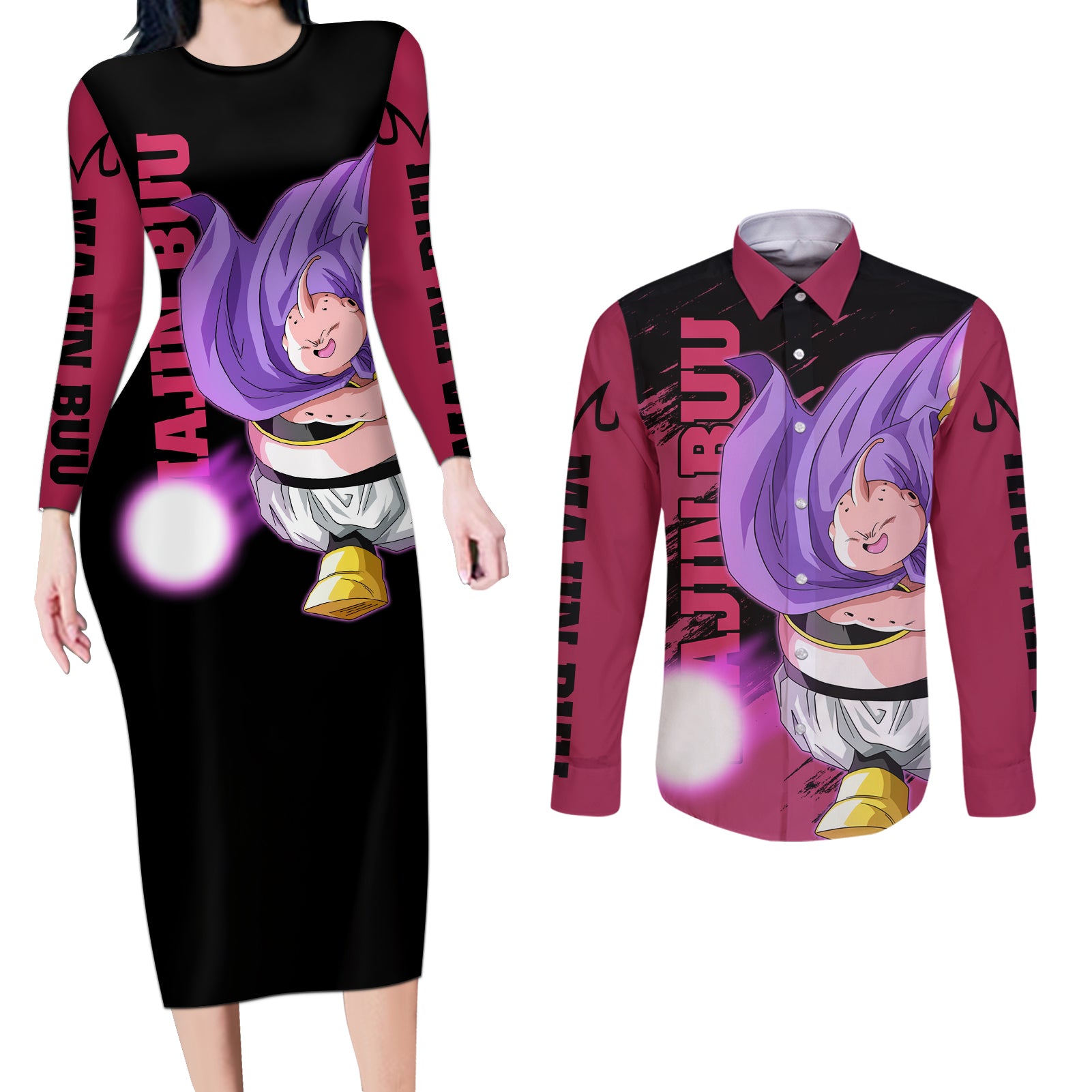 Fat Majin Buu - Dragon Ball Couples Matching Long Sleeve Bodycon Dress and Long Sleeve Button Shirt