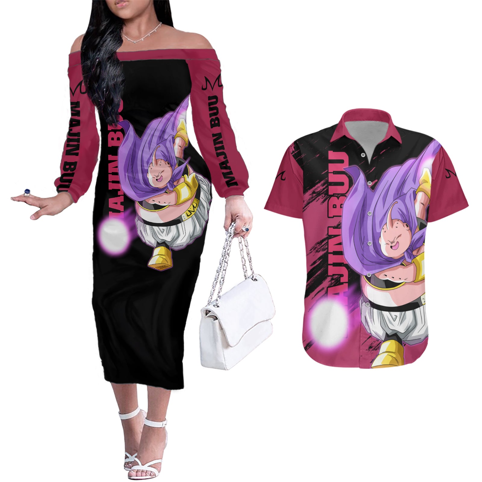 Fat Majin Buu - Dragon Ball Couples Matching Off The Shoulder Long Sleeve Dress and Hawaiian Shirt