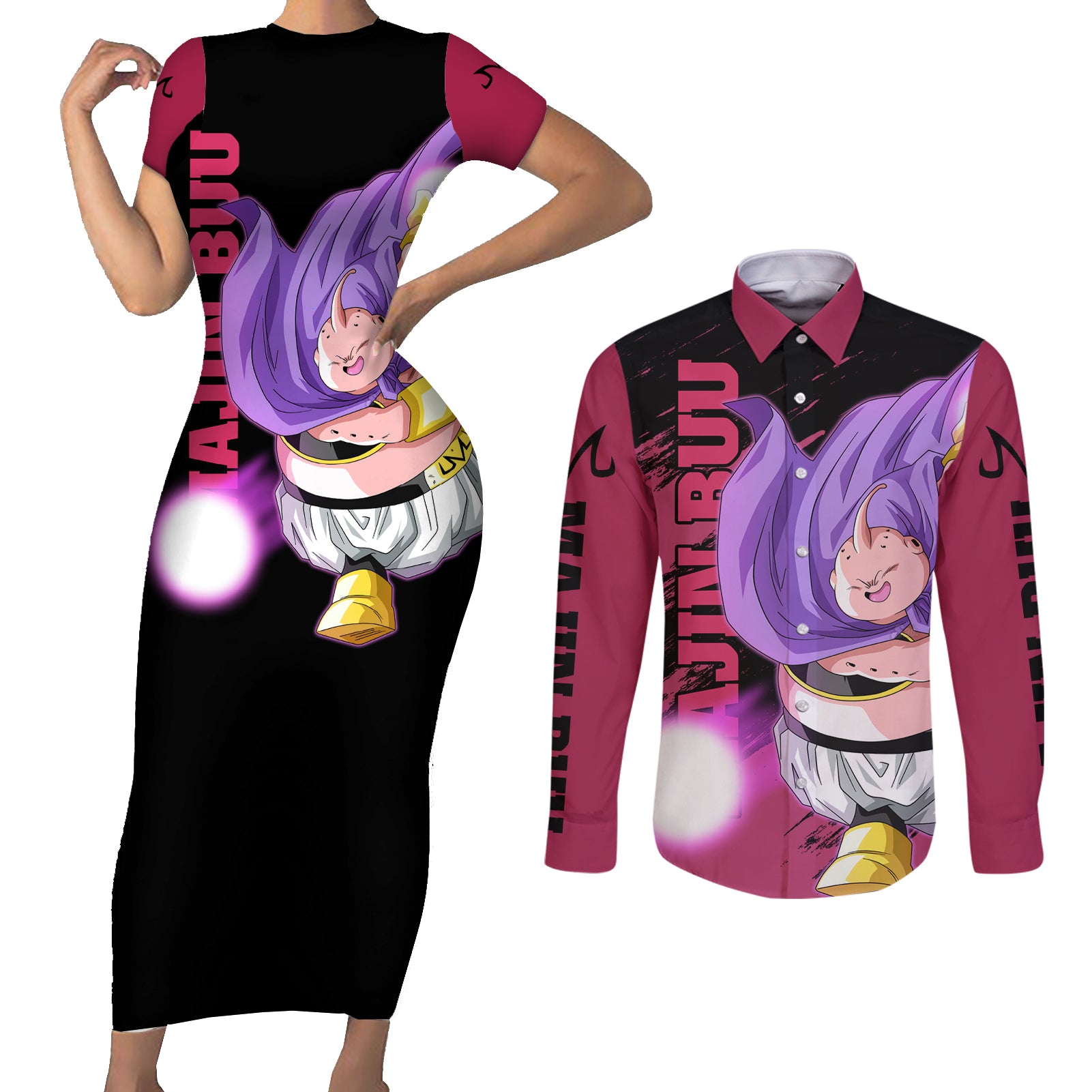 Fat Majin Buu - Dragon Ball Couples Matching Short Sleeve Bodycon Dress and Long Sleeve Button Shirt