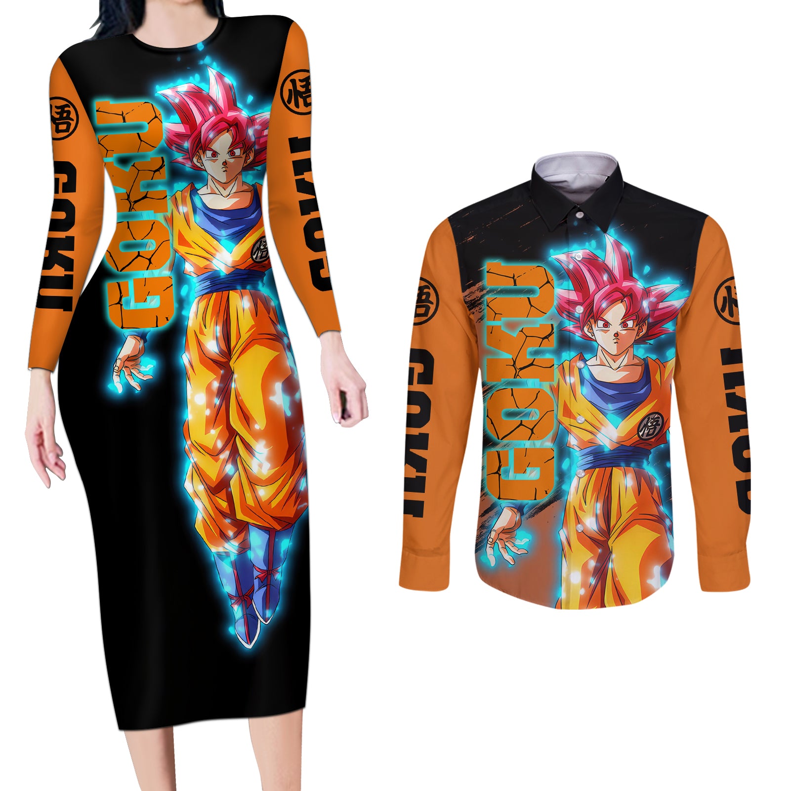 Goku Saiyan God Couples Matching Long Sleeve Bodycon Dress and Long Sleeve Button Shirt