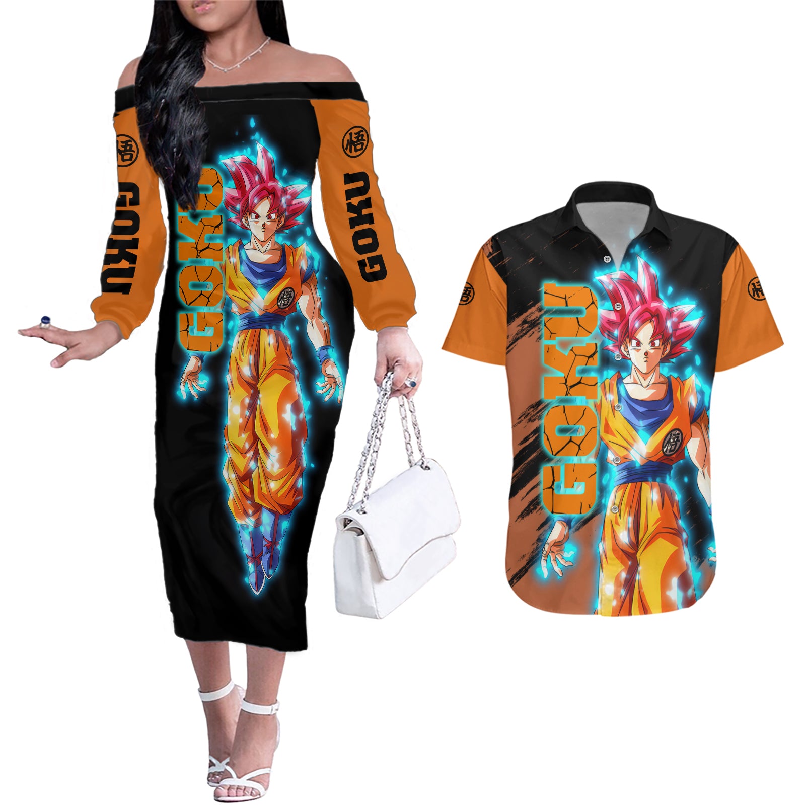 Goku Saiyan God Couples Matching Off The Shoulder Long Sleeve Dress and Hawaiian Shirt