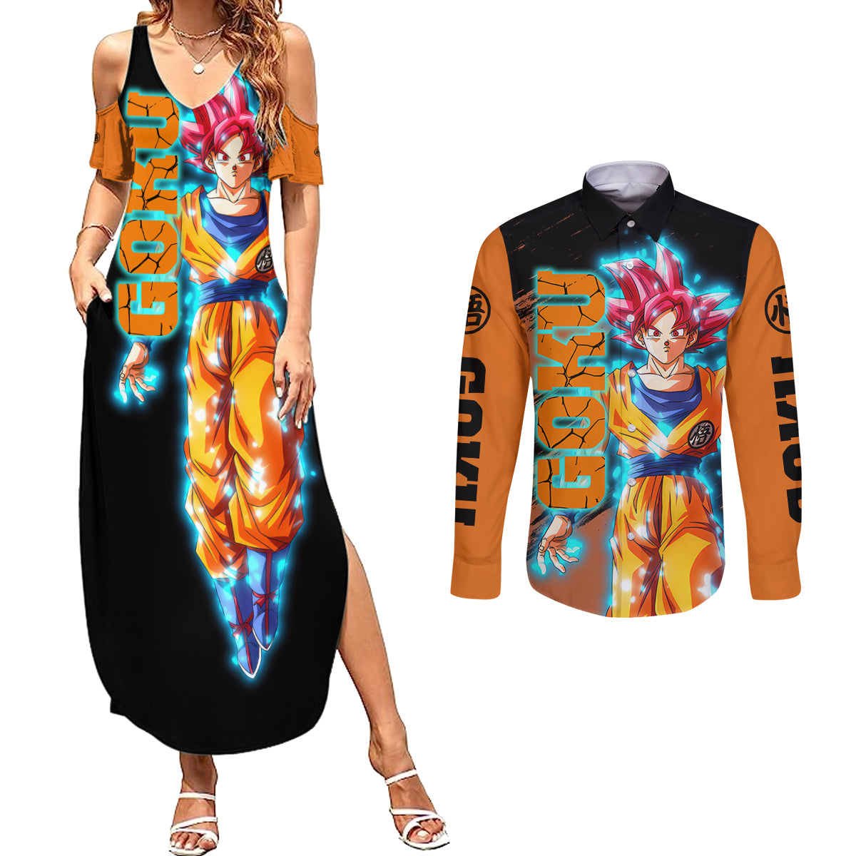 Goku Saiyan God Couples Matching Summer Maxi Dress and Long Sleeve Button Shirt