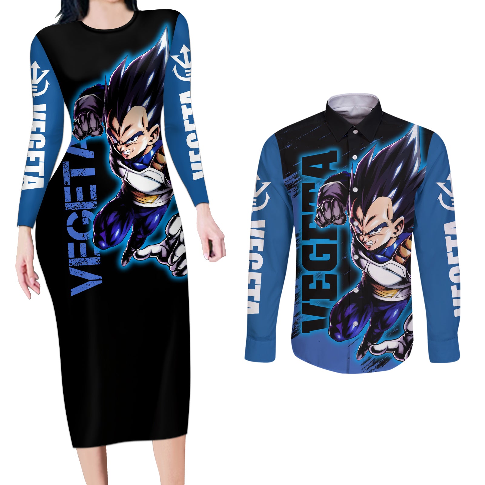 Vegeta Hoodie Dragon Ball Anime Couples Matching Long Sleeve Bodycon Dress and Long Sleeve Button Shirt