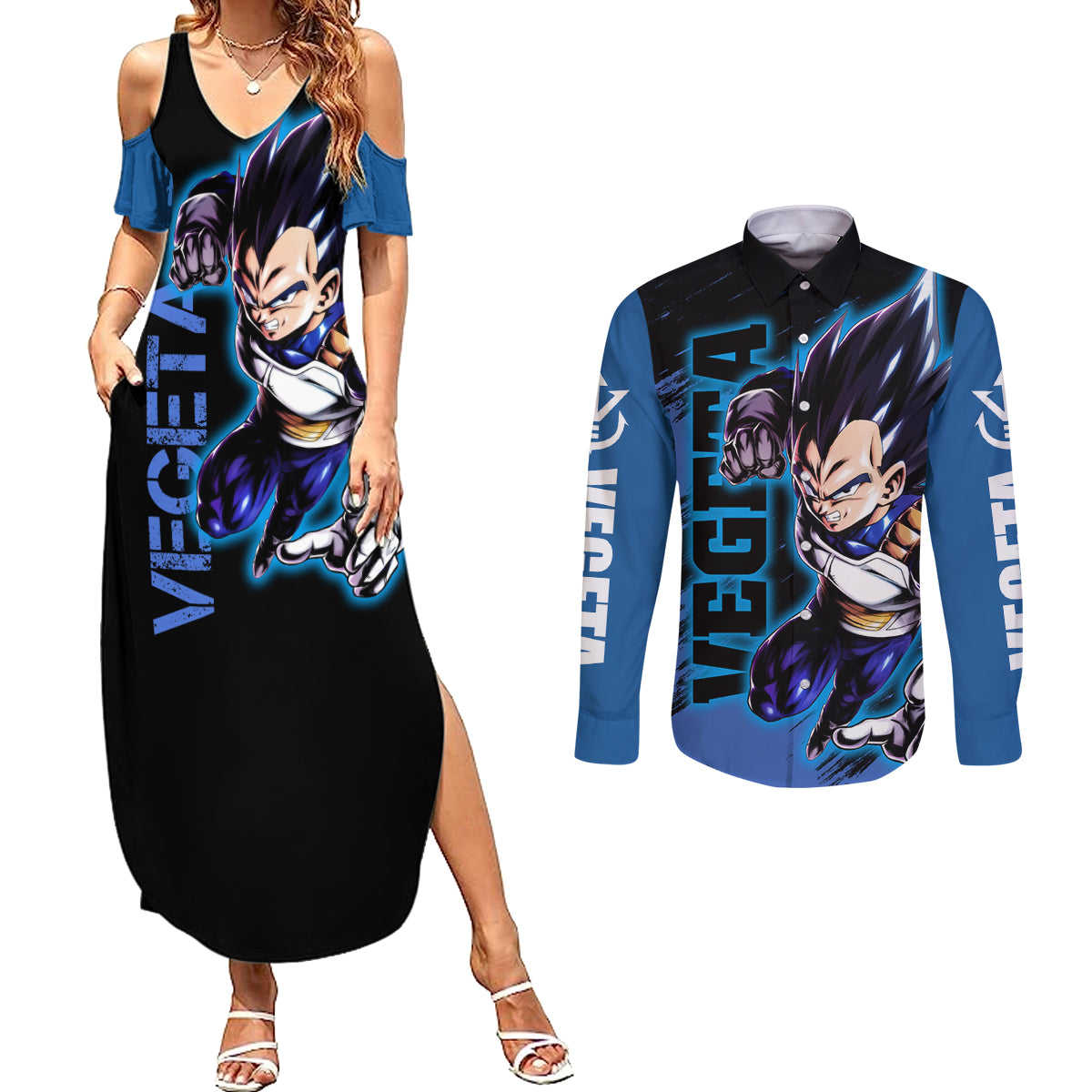 Vegeta Hoodie Dragon Ball Anime Couples Matching Summer Maxi Dress and Long Sleeve Button Shirt